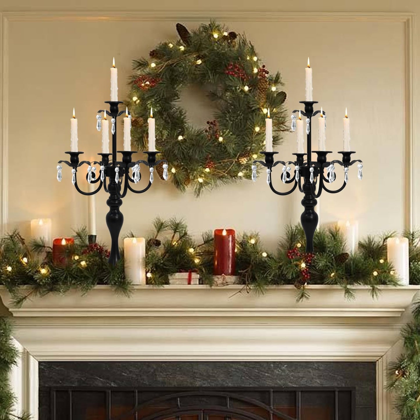 2Pcs Candelabras Centerpieces for Tables, 20" Tall Candlestick Holder for Taper Candles, 5 Arm Crystal Candelabra Candle Holder for Wedding Centerpiece Decor Party Event Reception Decoration (Black)