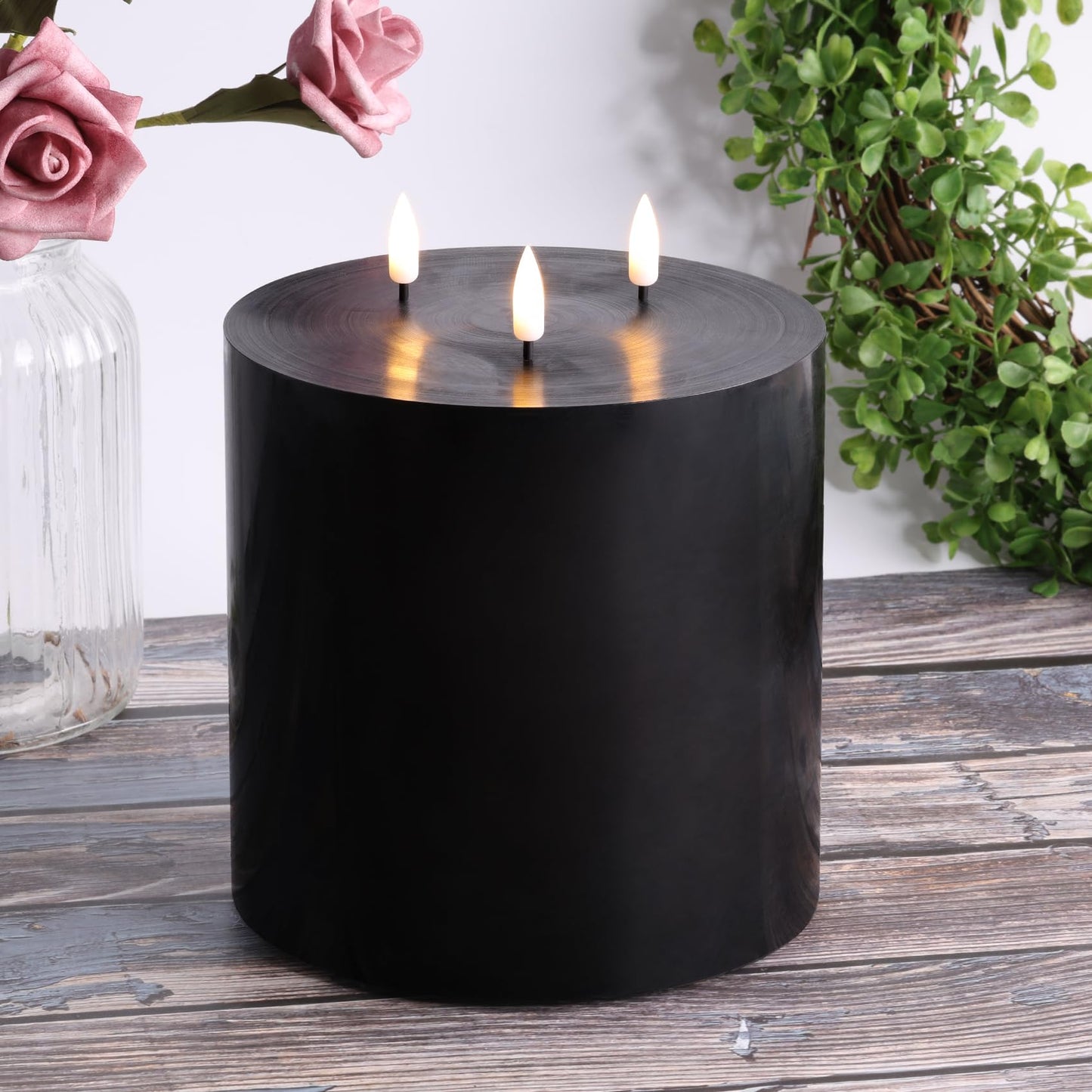 Eywamage 3 Wick Black Flameless Pillar Candle with Remote, Flickering Large Battery LED Wax Candle Φ 6" H 6"