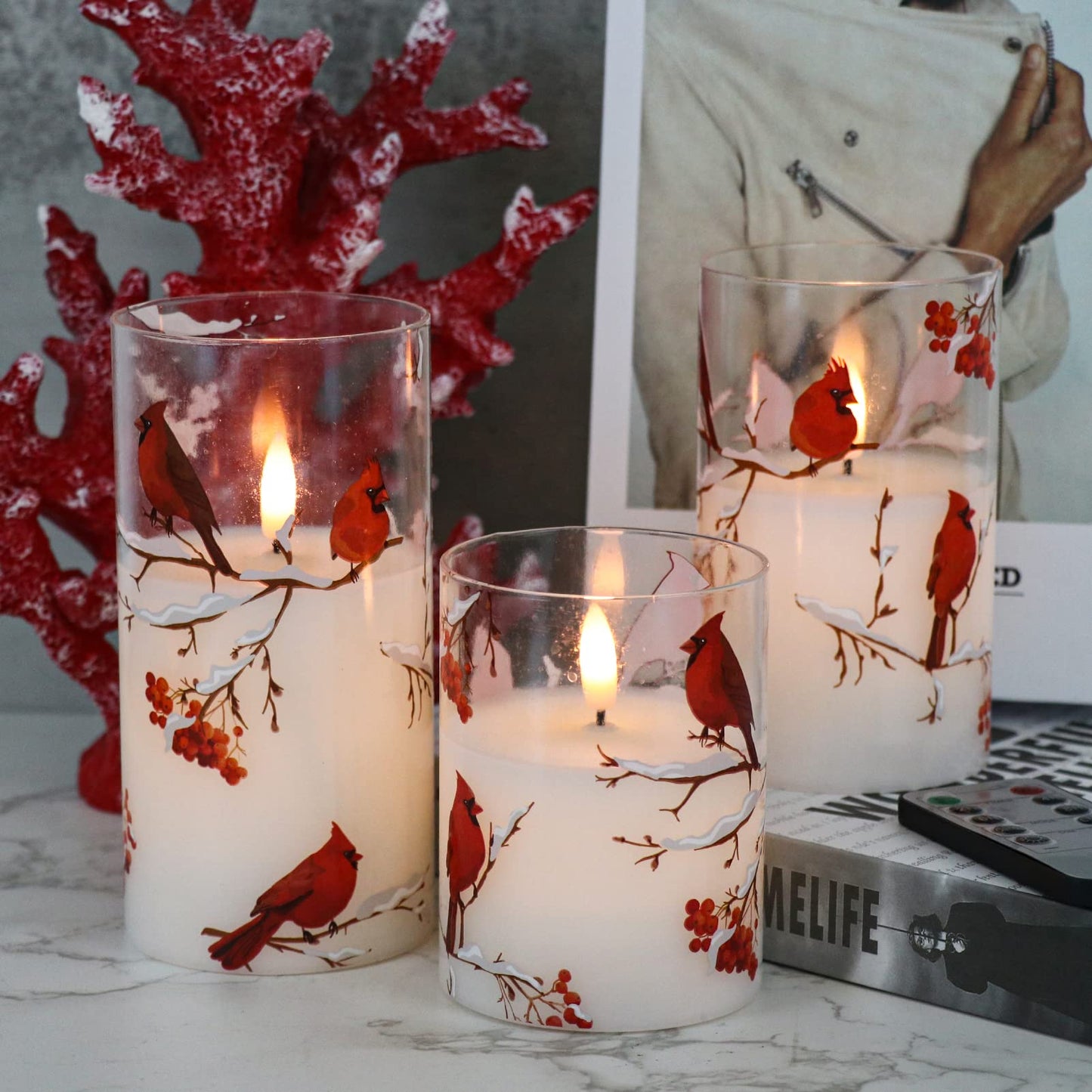 KunSwenn Cardinal Flameless Candles with Remote, Red Bird Glass Battery Operated Candles, Real Wax LED Candles with Flickering Flame, Cardinal Decor Gifts for Women Wedding Home(Pack of 3, 3”x4”5”6”)