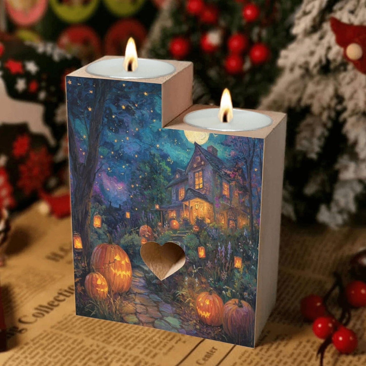 pnyoin Haunted Halloween Castle Night Candle Holders Gift for Women Wooden Heart Candlestick Personalized Christmas Birthday Graduation Friendship Gifts Home Wedding Dinning Party Decorative