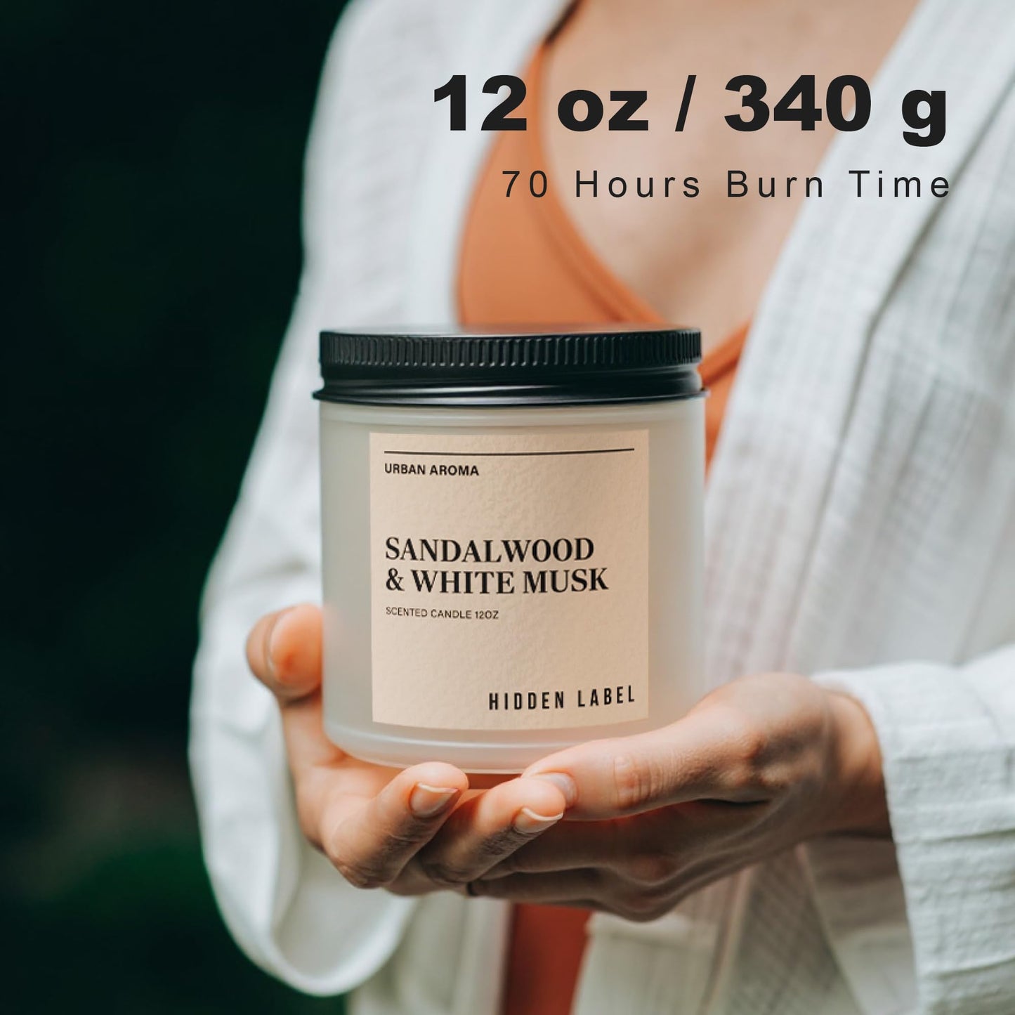 Sandalwood White Musk Scented Candle, 12oz Natural Soy Wax, 2 Wick Aromatherapy Candles for Home, 70Hours Burn Time, Non Toxic, Clean Burn, Gifts for Women, Yoga, Stress Relief, Relaxation