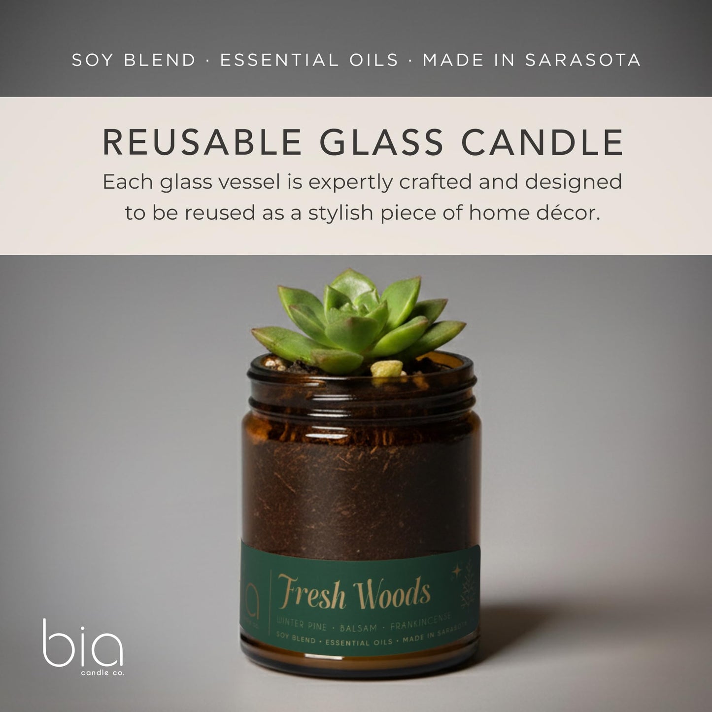 Bia Candle Co. Fresh Woods Green, Pine Balsam Spruce Cedar Soy Candle, High Fragrance Load, Lead-Free Wick, Reusable Glass Jar, Evergreen Candle, Woodland Scent, 7 oz