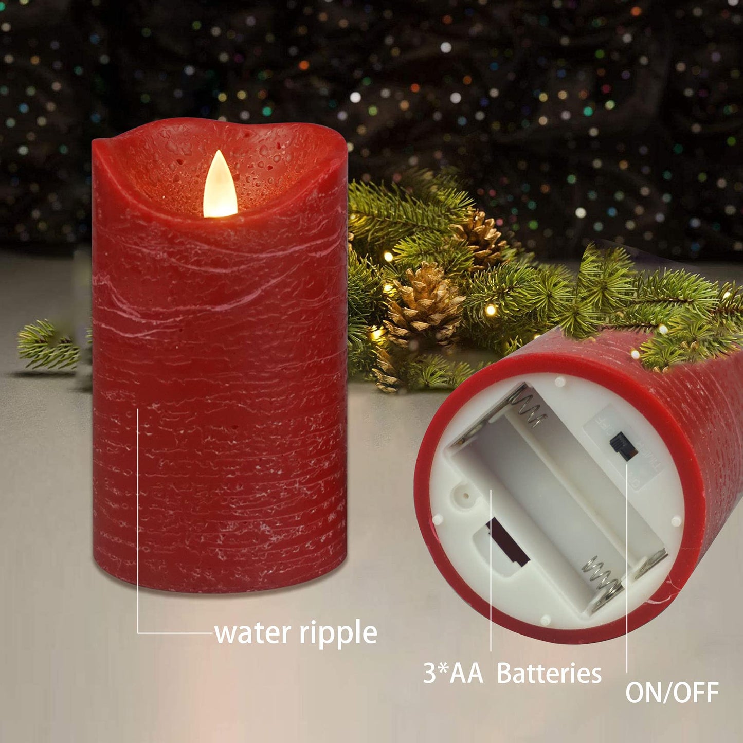 CANDLE CHOICE Real Wax Battery Operated Flameless Candles with Remote Automatic Daily Cycle Timer Realistic Flickering Electric LED Pillars Wedding Party Holiday Decorations 3 Pack Rustic Texture Red