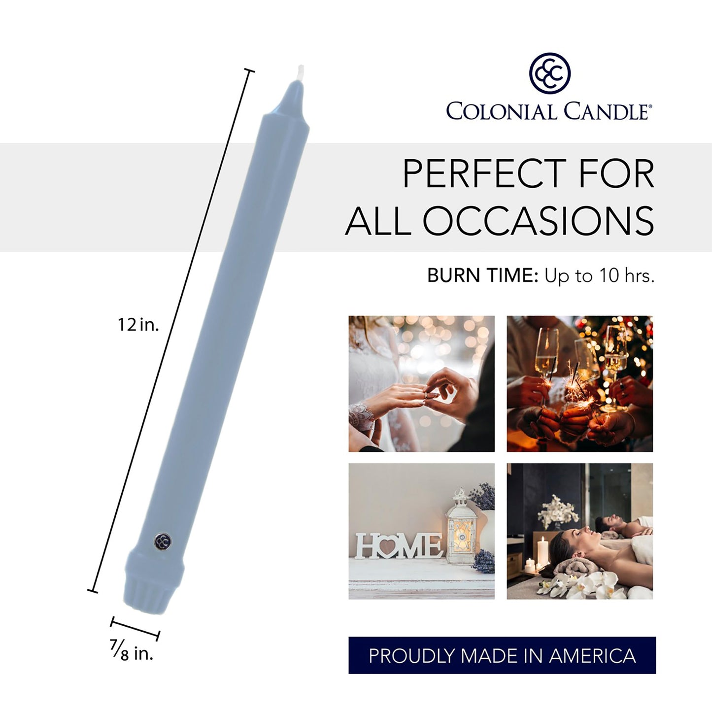 Colonial Candle Unscented Taper Candle, Classic Collection, Wedgewood, 12 in, Pack of 12 - Up to 10 Hours Burn