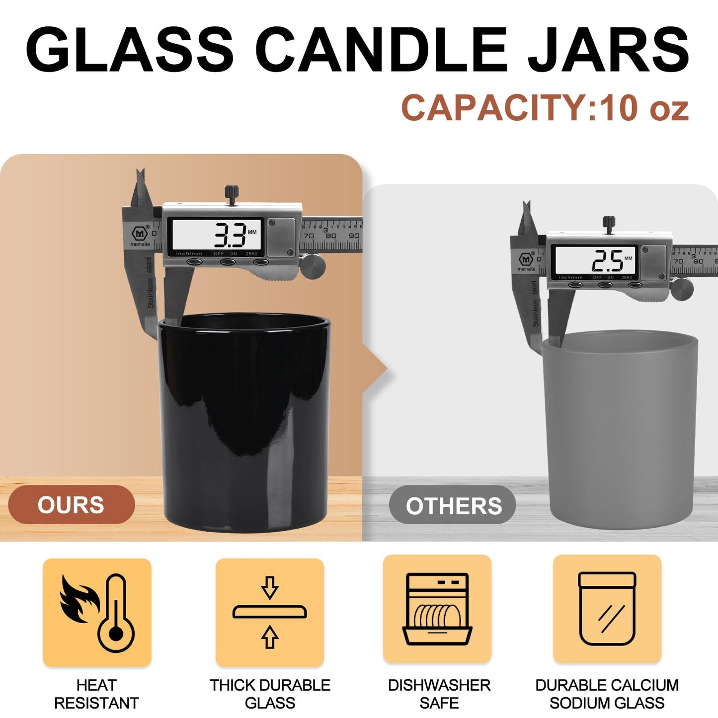 10 OZ Thick Candle Jars for Making Candles 15 Pcs, Empty Jars with Wood Lids for Candle Making, Sample Container, Glossy Black