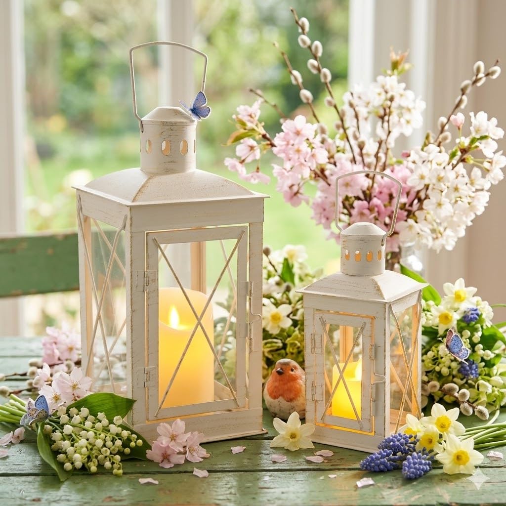 TRIROCKS Set of 2 Decorative Candle Lantern 12'' & 8'' High Metal Candle Holder Hanging Lantern Perfect for Home Decor Patio Living Room Parties Events Tabletop Indoors Outdoors (White)