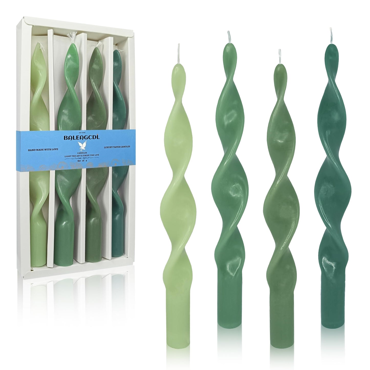 Smokeless Spiral Candles Gradient Green 10 Inch Long Twisted Candles Handmade Unscented Dinner Taper Candles for Wedding Decoration Christmas Gifts