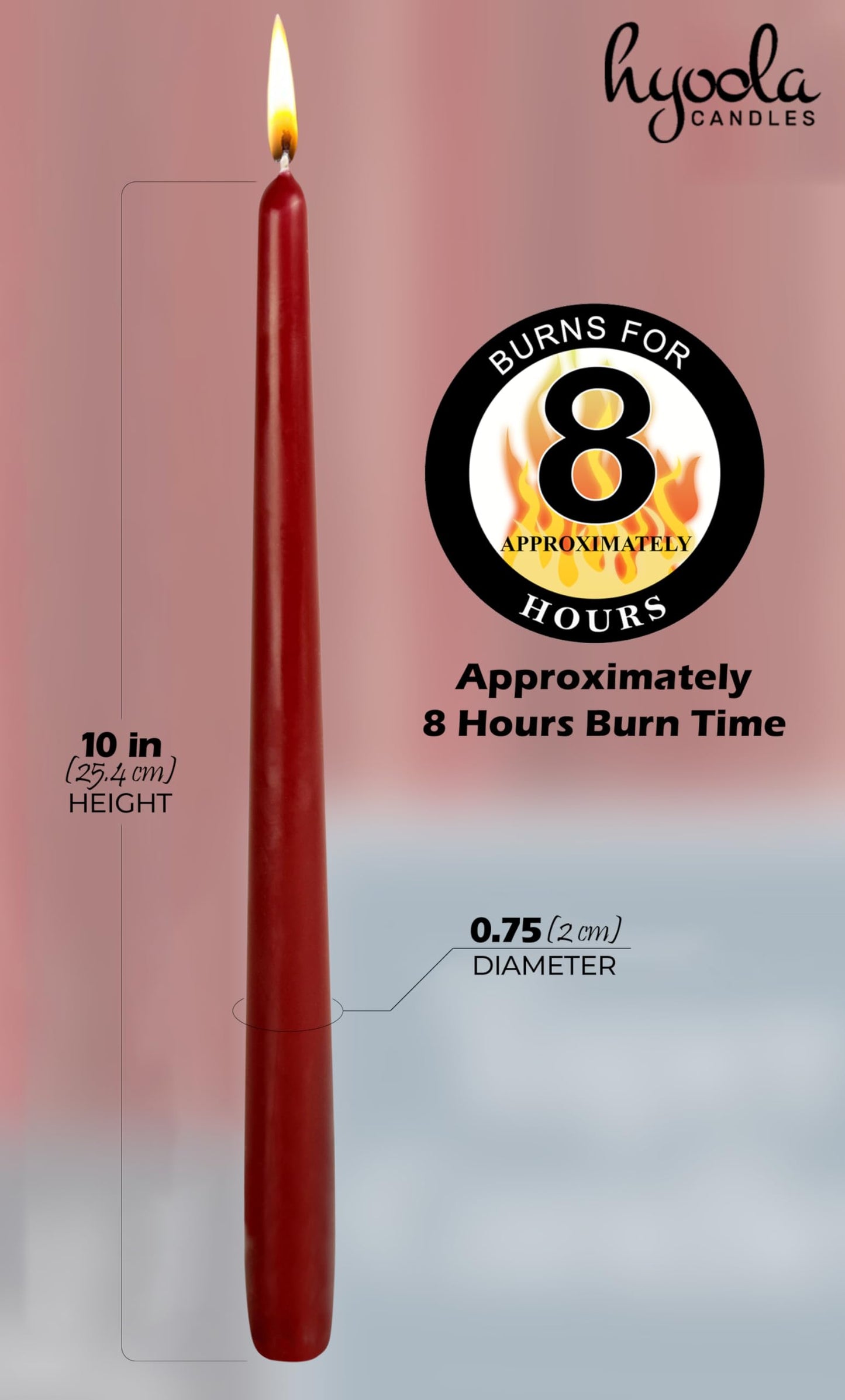 12 Pack Tall Taper Candles - 10 Inch Burgundy Dripless, Unscented Dinner Candle - Paraffin Wax with Cotton Wicks - 8 Hour Burn Time