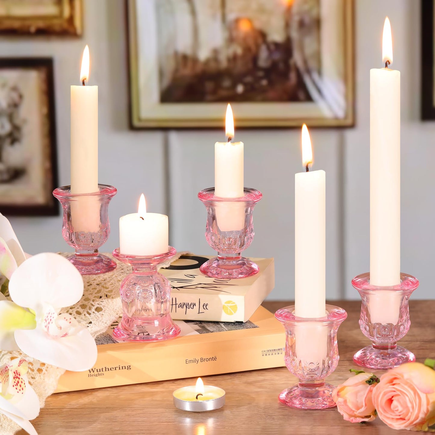 sunnyfuture 10pcs Pink Candlestick Holders, Glass Taper Candle Holders for Table Centerpiece Decor, Wedding, Valentine's Day, Mother's Day, Party Gift