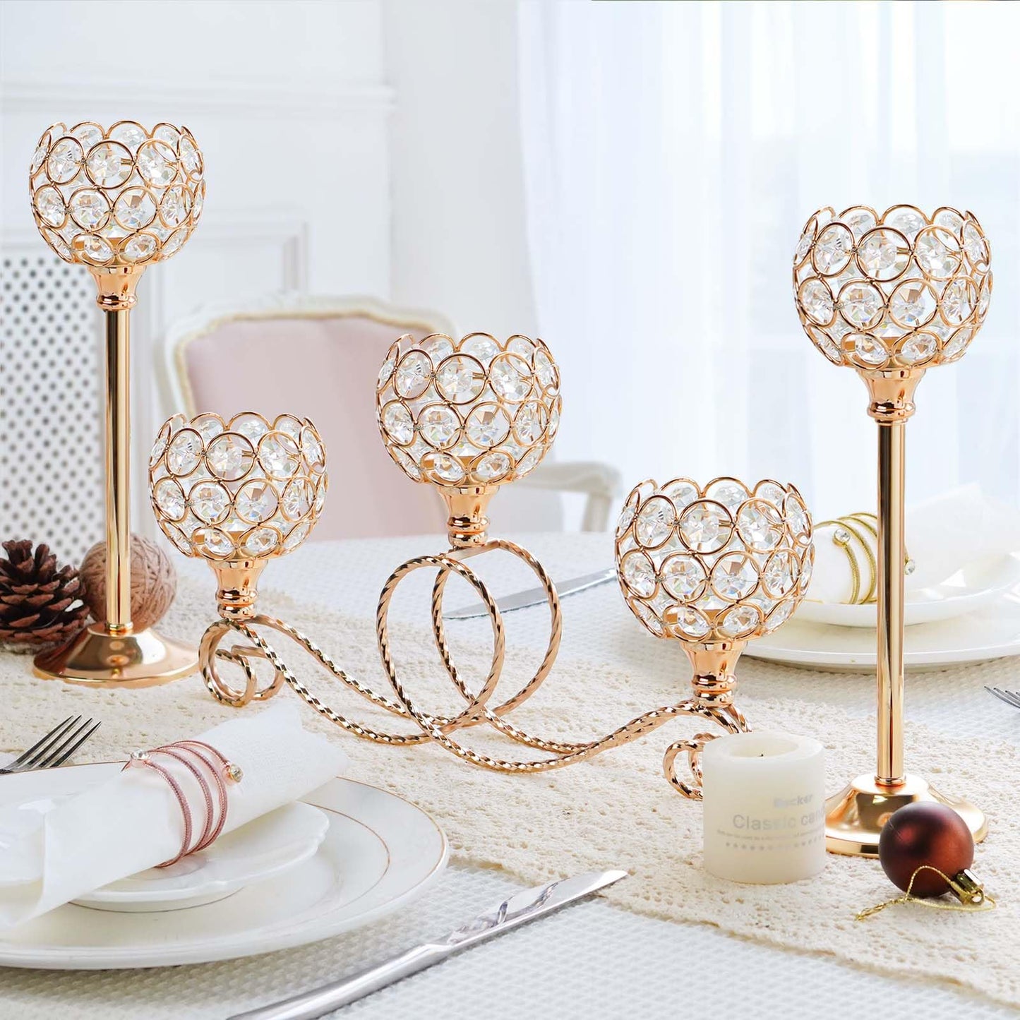 kolnlala Gold 5 Arm Metal Crystal Tea Light Candle Holder, Elegant Wedding Table Centerpiece, Christmas Wishing Bowl Candle Holder