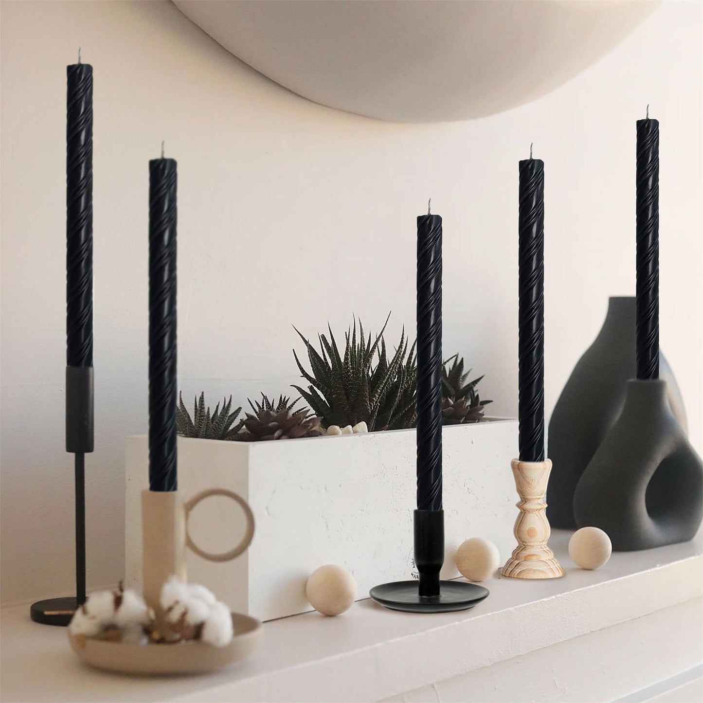 Dripless Twisted Long Taper Candles Black Unscented Ribbed Candle Sticks 10 Inch Smokeless Dinner Candlesticks Long Burning for Party Art Home Decor 6 Pcs