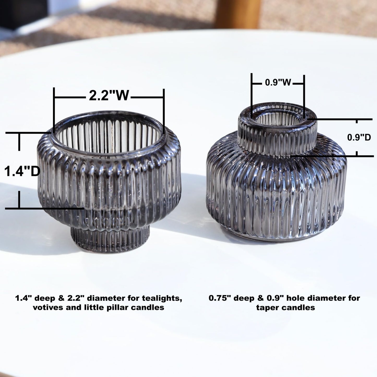 Woho Smoky Grey Candlestick Holders Set of 4 for Votives/Tea Lights, Ribbed Glass Taper Candle Holders for Table Centerpiece, Reversible Candle Sticks Holder Decor for Daily Home Decor