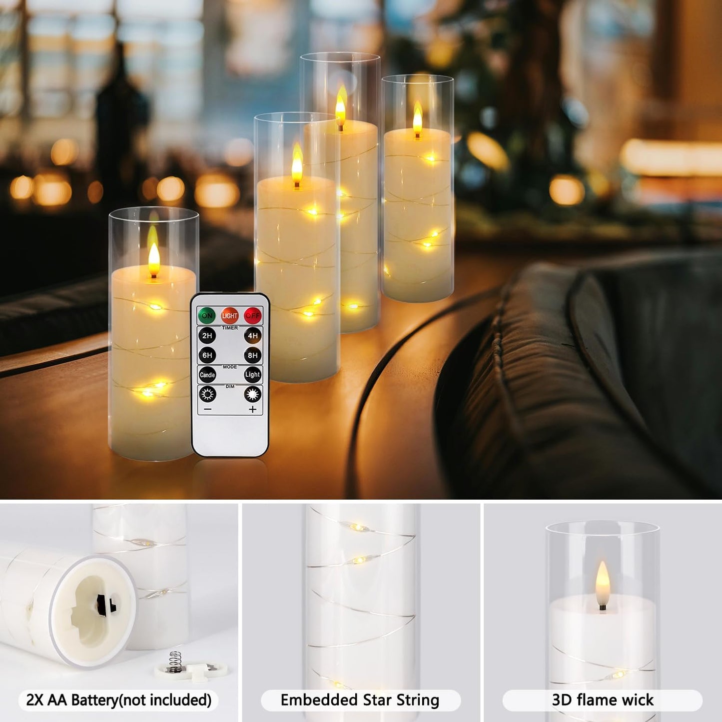 12 Pack Acrylic Flameless Candles,with Embedded Star String, Battery Operated Candles Flickering LED Pillar Candles with Remote Control and Timer, Ideal for Indoor/Outdoor Decor,Wedding,BBQ and Gift.
