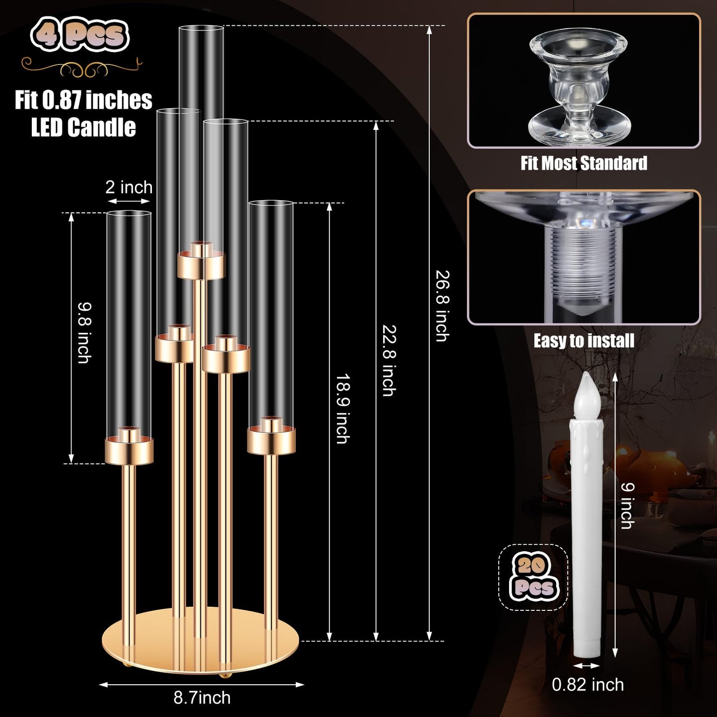 Tandefio 4 Set Gold Candelabra Centerpieces for Tables, 26.8 Inch 5 Arm Candle Holders with LED Candles and Acrylic Cylinders, Tall Acrylic Wedding Table Centerpieces for Reception Dinner Party Decor