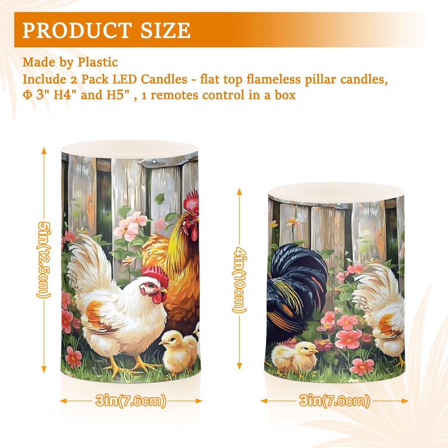 ALAZA Rooster Chicken Hen Garden Farm Flameless Candles Flickering LED Candles with Remote Timer Battery Operated Pillar Candles Set of 2 for Dinner Holiday Decor
