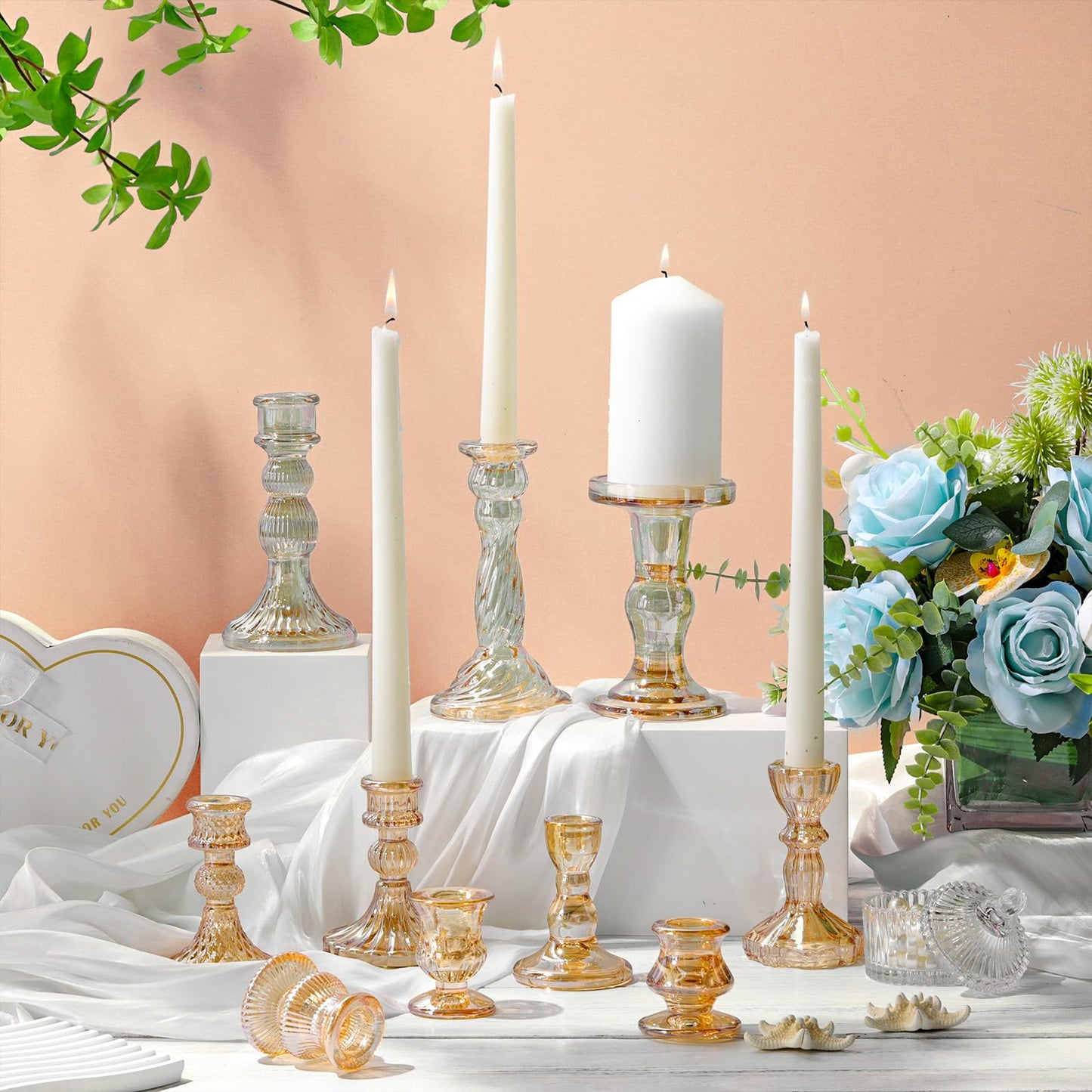 Mumufy 10 Sets Glass Crystal Taper Candle Holders Stand Centerpiece Bulk with 10 in Taper Candles Sticks Clear Decorations Table Wedding Dining Party (Gold)