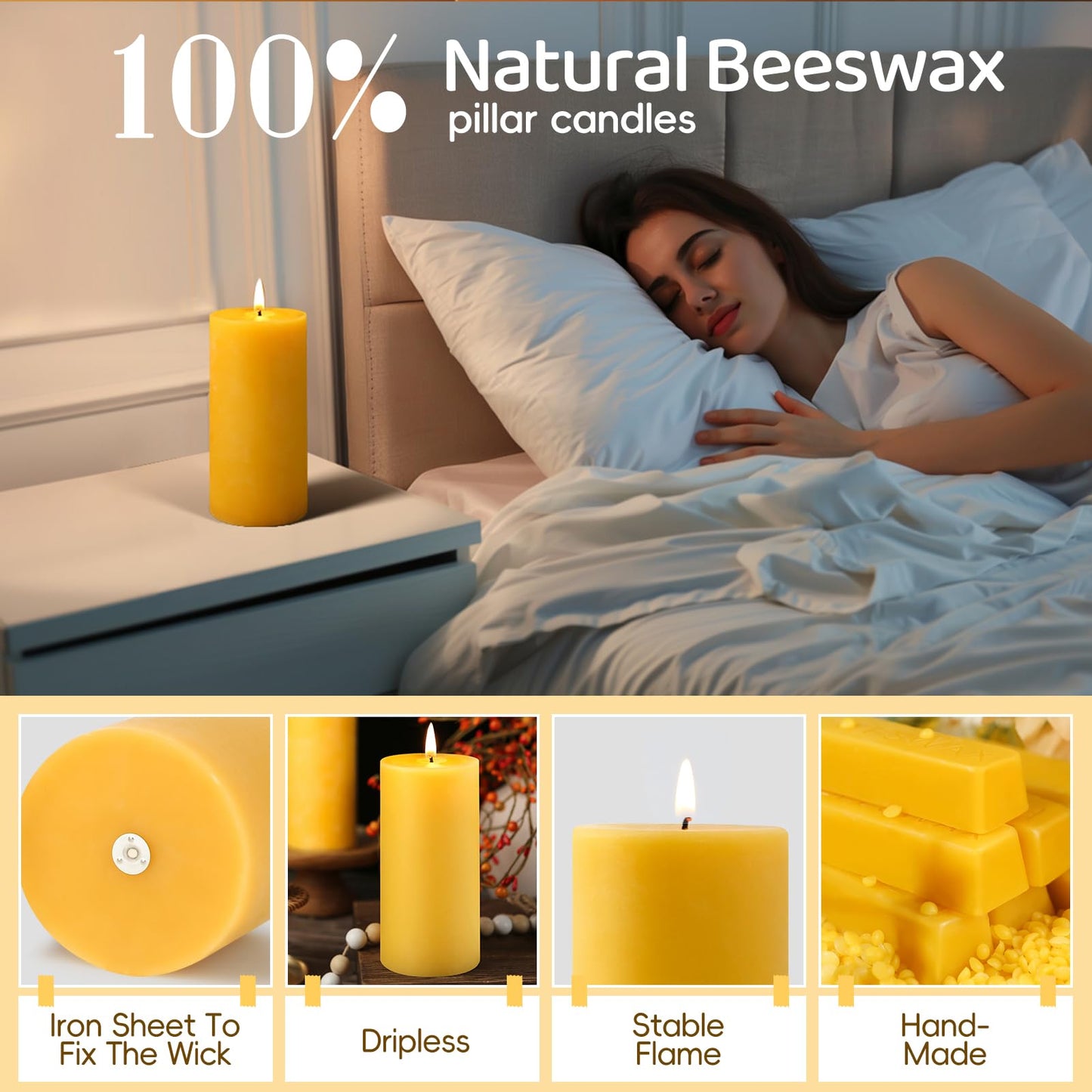 Natural Beeswax Pillar Candles,100% Pure Beeswax Candles-190 Hours Long Burning,Unscented Bees Wax Candles for Home,Prayer,Emergency,Dripless Smokeless Organic Pillar Candles Bluk-2.8x6in-2pack
