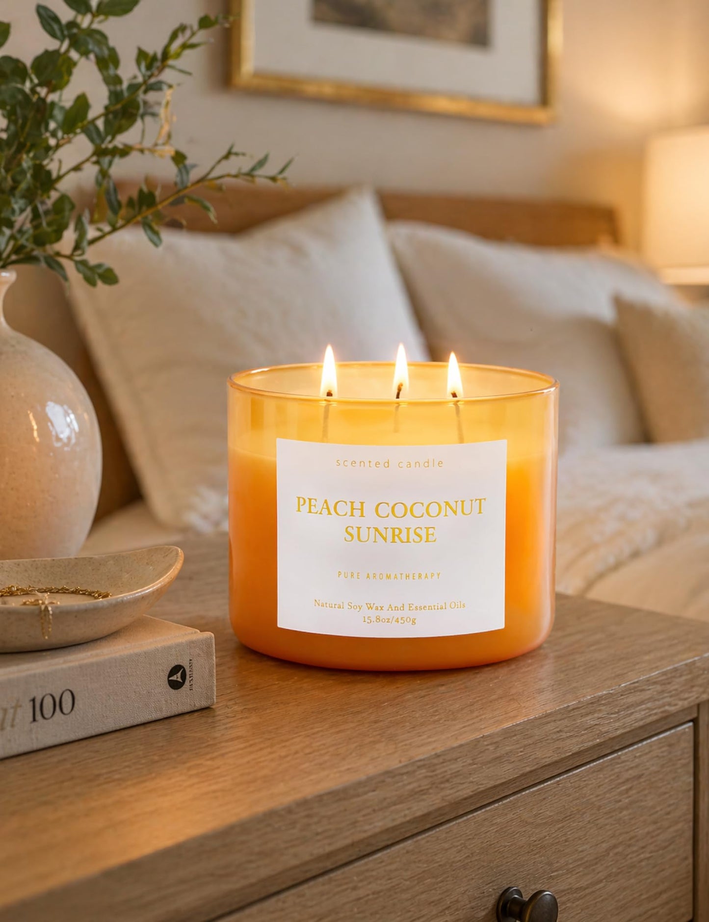 Peach Coconut Sunrise 3-Wick Soy Candle | 15.8 oz Large Aromatherapy Candle for Home | Clean Burn Long Lasting | Tropical Fruit Scent | Gift Ready