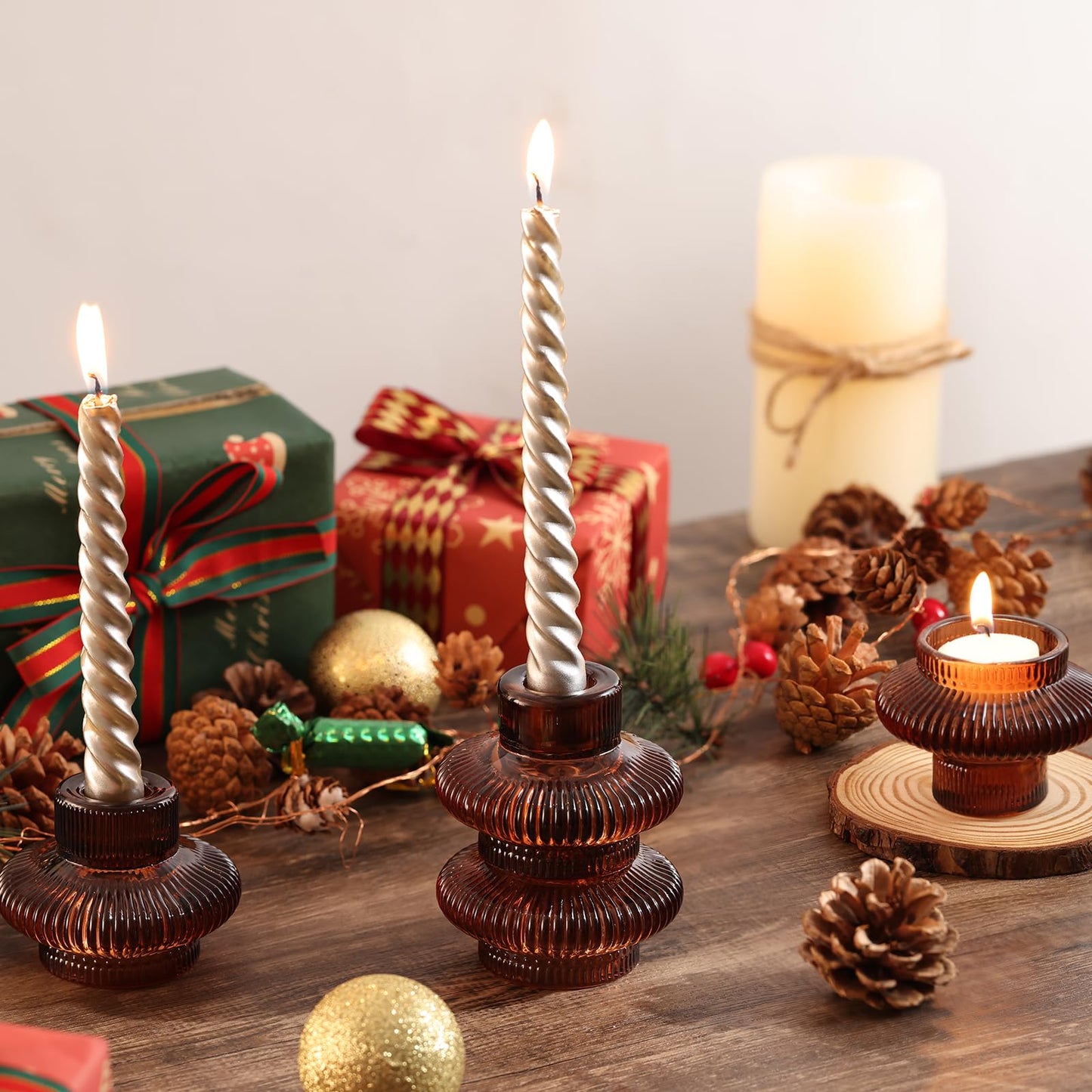Candle Stick Candle Holder Set of 8, Taper Candle Holders for Wedding Table Centerpiece, Ribbed Glass Votive Candle Holders for Christmas, Romantic Dinner, Festival & Windowsill Decor