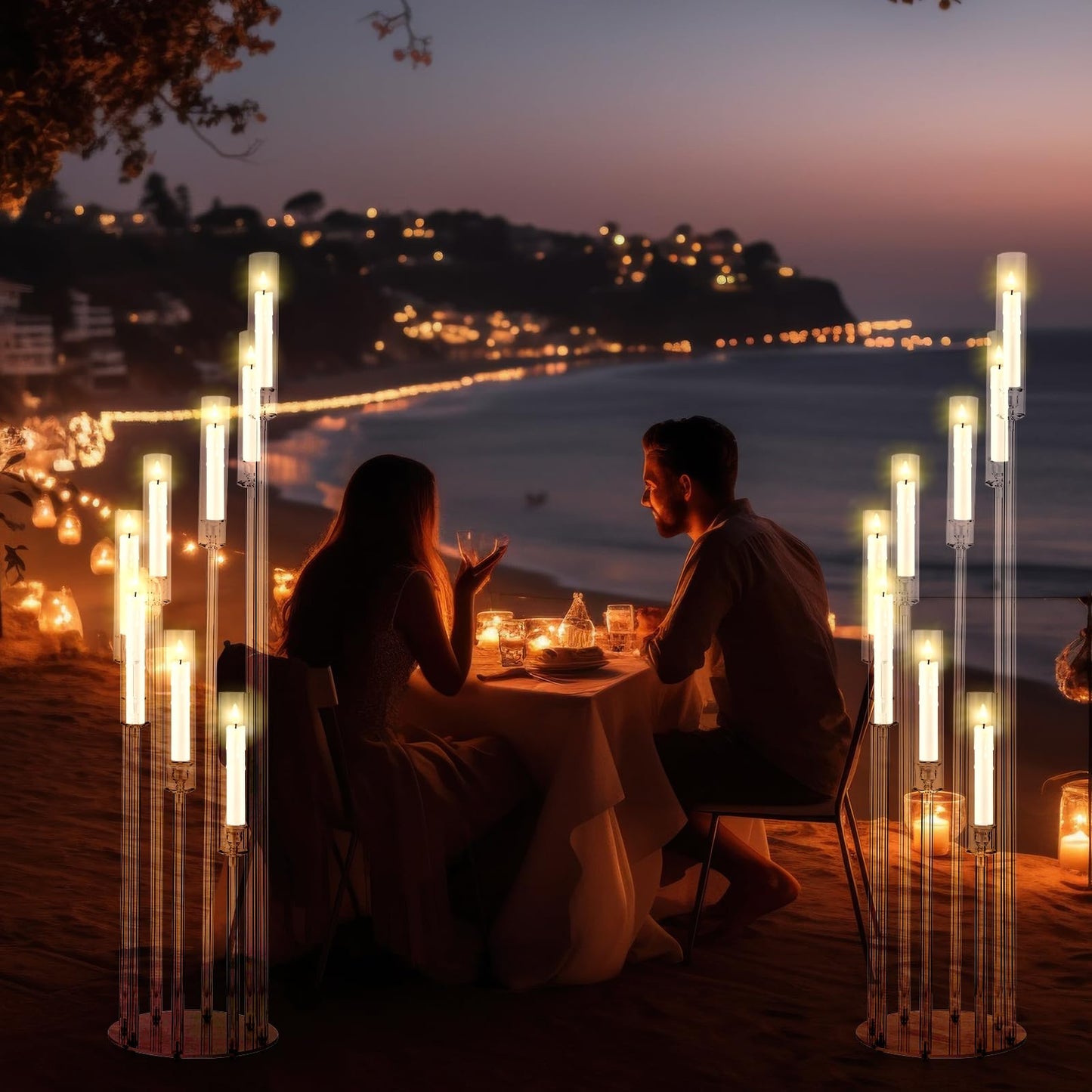 Vesici 2 Pcs 8 Arm Acrylic Candelabra Centerpieces for Tables 49.6 x 11 Inch Candlesticks Holder Clear Acrylic Candle Holder for Wedding Ceremony Floor Home Dinner Party, Fit 0.8" LED Candle