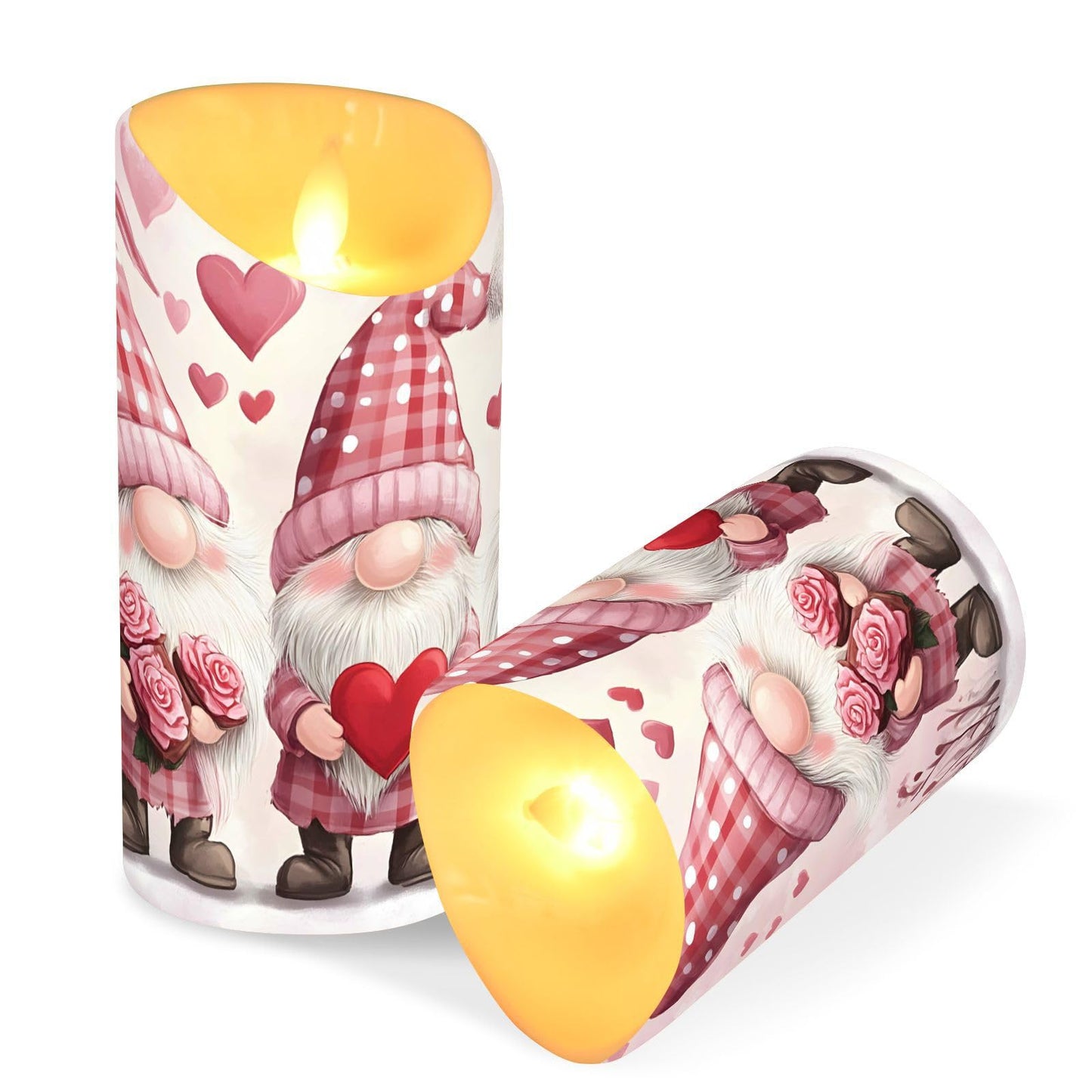 Valentines Day Gnome Pink Rose Flowers Hearts Flameless Candles with Remote Timer,LED Flickering Battery Operated Electric Pillar Tea Light Candles for Wedding Table Christmas Decorations 3" x3.9"