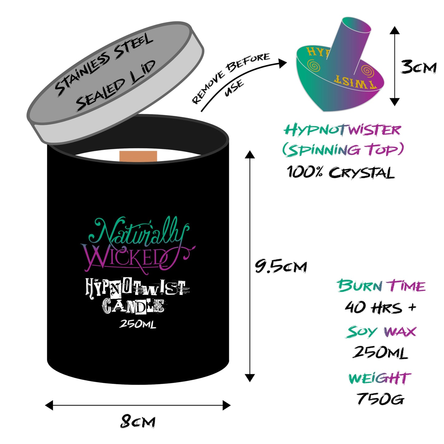 Naturally Wicked Hypnotwist Achieve Candle | Hypnotic Crystal Spell Candle | Inc Crystal Spinning Top