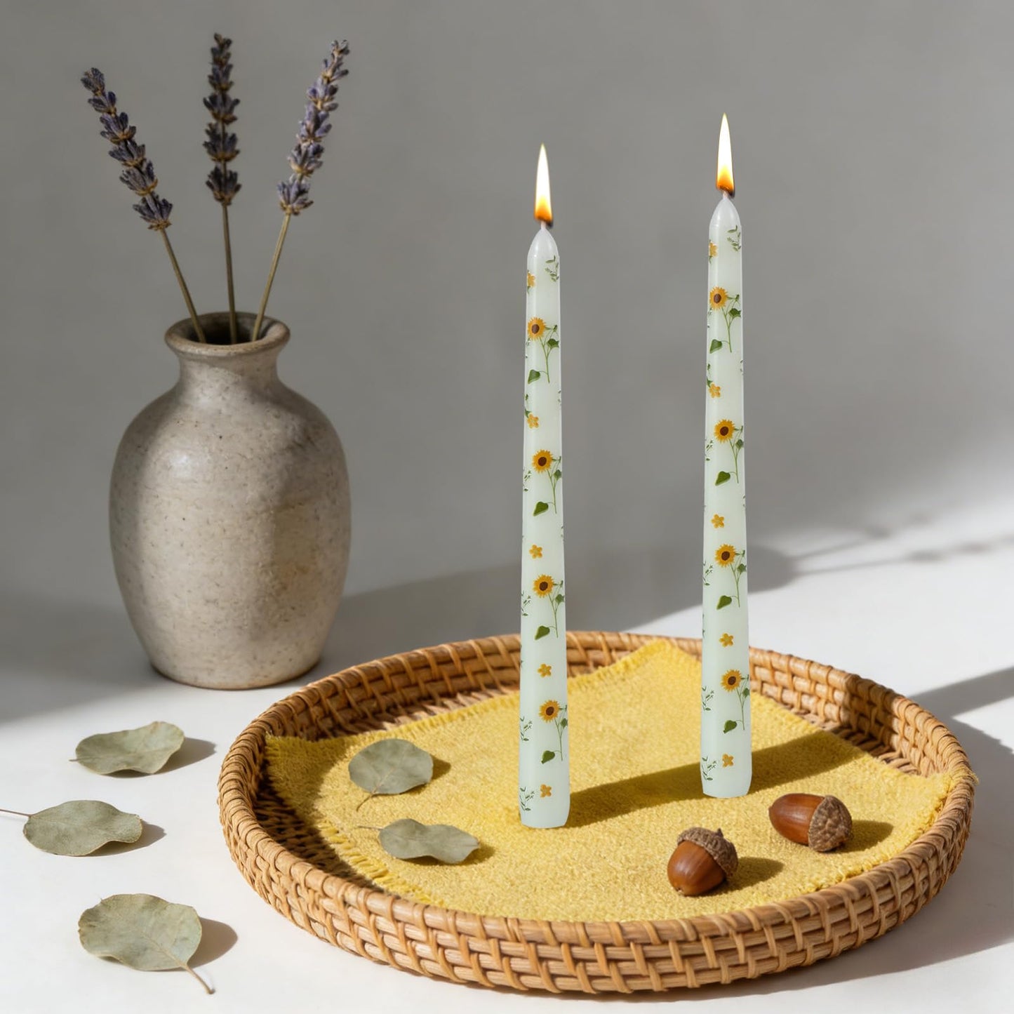 Taper Candles,10 inch 2pc Green Tapered Candles with Sunflower Printed, Unscented and Smokeless Long Burning Candles,Tall Candlesticks with Cotton Wicks,Ideal for Weddings, Home Décor