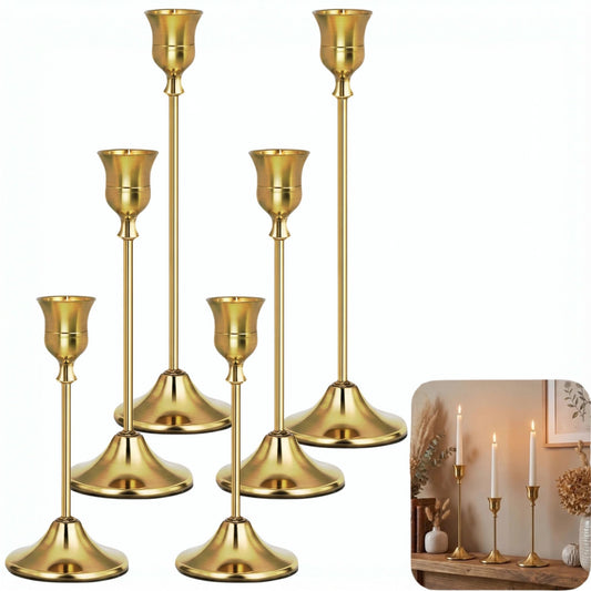 Gold Candlestick Holders Set of 6, Weighted Metal Taper Candle Holders, Vintage Brass Candle Stick Holder Set for Table Centerpiece, Mantel, Wedding, Christmas Home Decor, Housewarming Gift