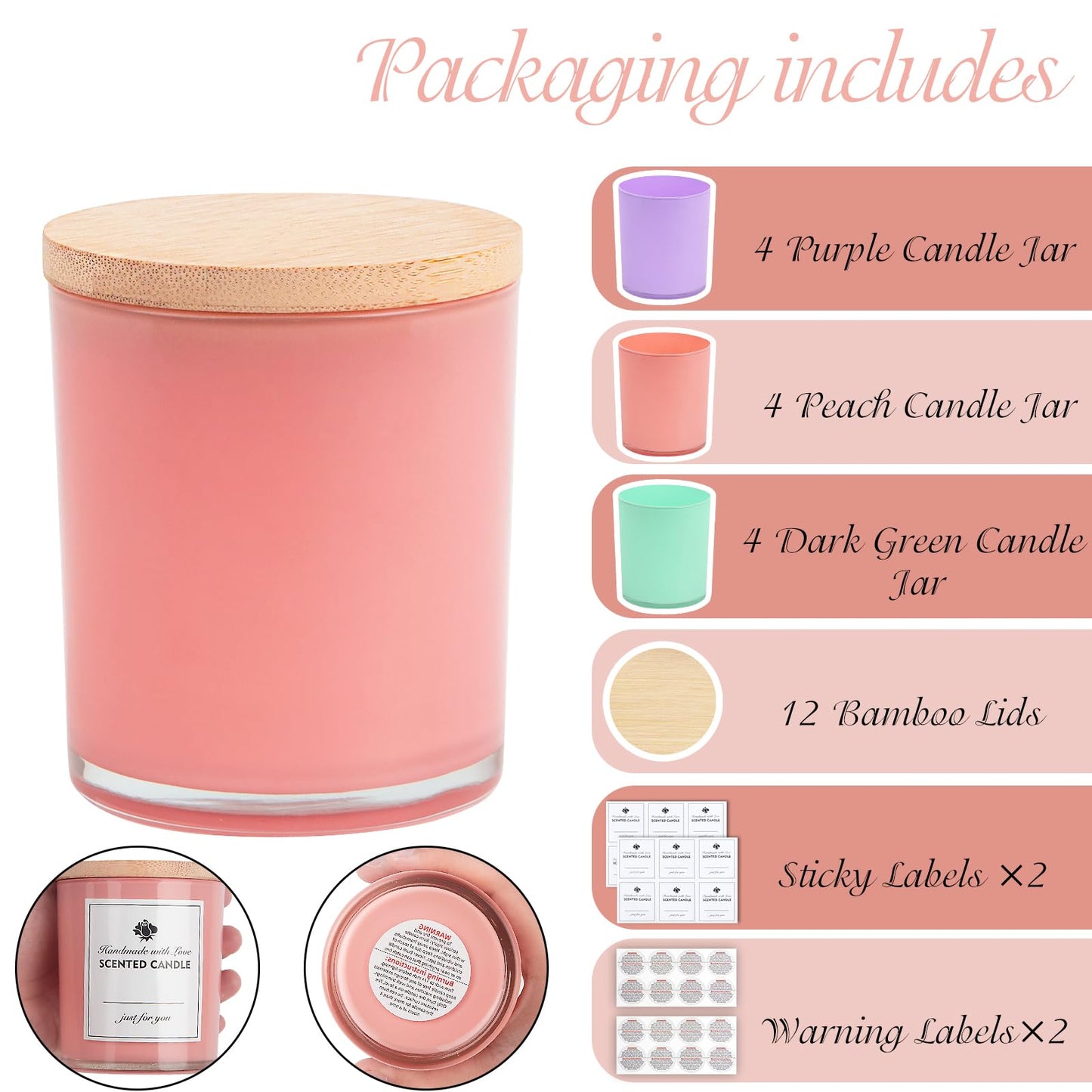 CONNOO 12 Pack 10 OZ Colorful Glass Candle Jars for Making Candles with Airtight Bamboo Lids Nice Sticky Warning Labels for Candle Making Empty Container Bulk - Dishwasher Safe
