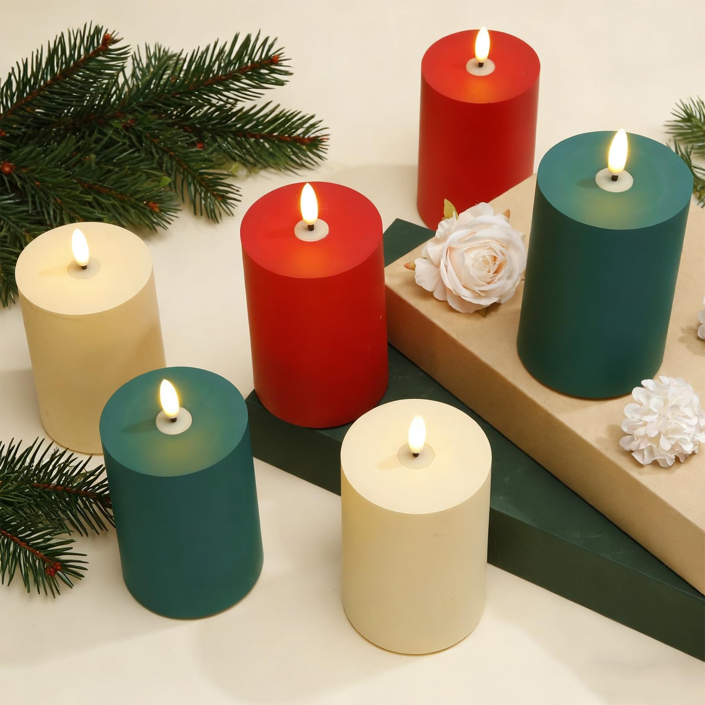 Tuanse 6 Pcs LED Flameless Candles 4.3" Battery Operated LED Lights Electric Decorative Pillar Candle for Wedding Party Decorations Room Dinner Decor Gifts(Green, Red, Ivory)
