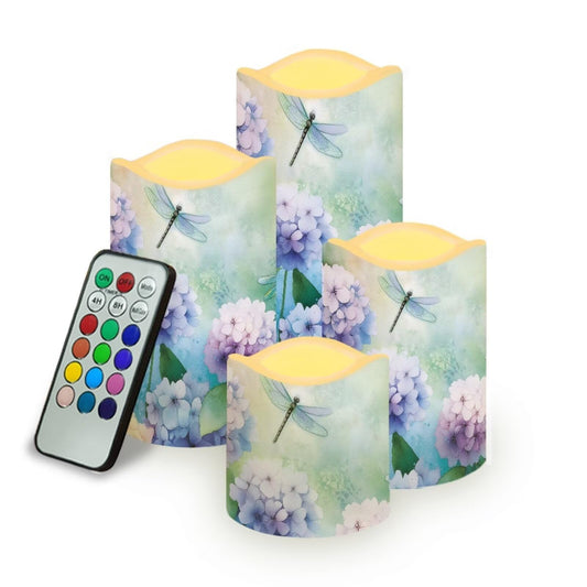 Cozeyat Hydrangea Dragonfly Faux Candles LED Set of 4 Battery Powered Flameless with Remote Control Timer Color Changing for Wedding Birthday Home Table Beach Decor