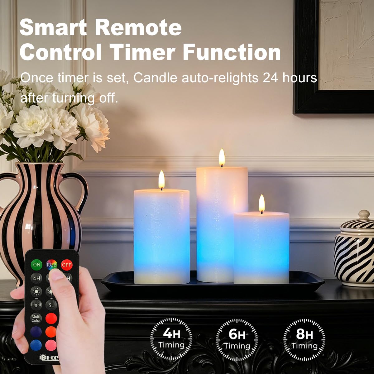 LEDHOLYT Rechargeable Flameless Candles, RGB Color Changing Realistic Flickering Flameless Candles with Remote & Timer, Set of 3