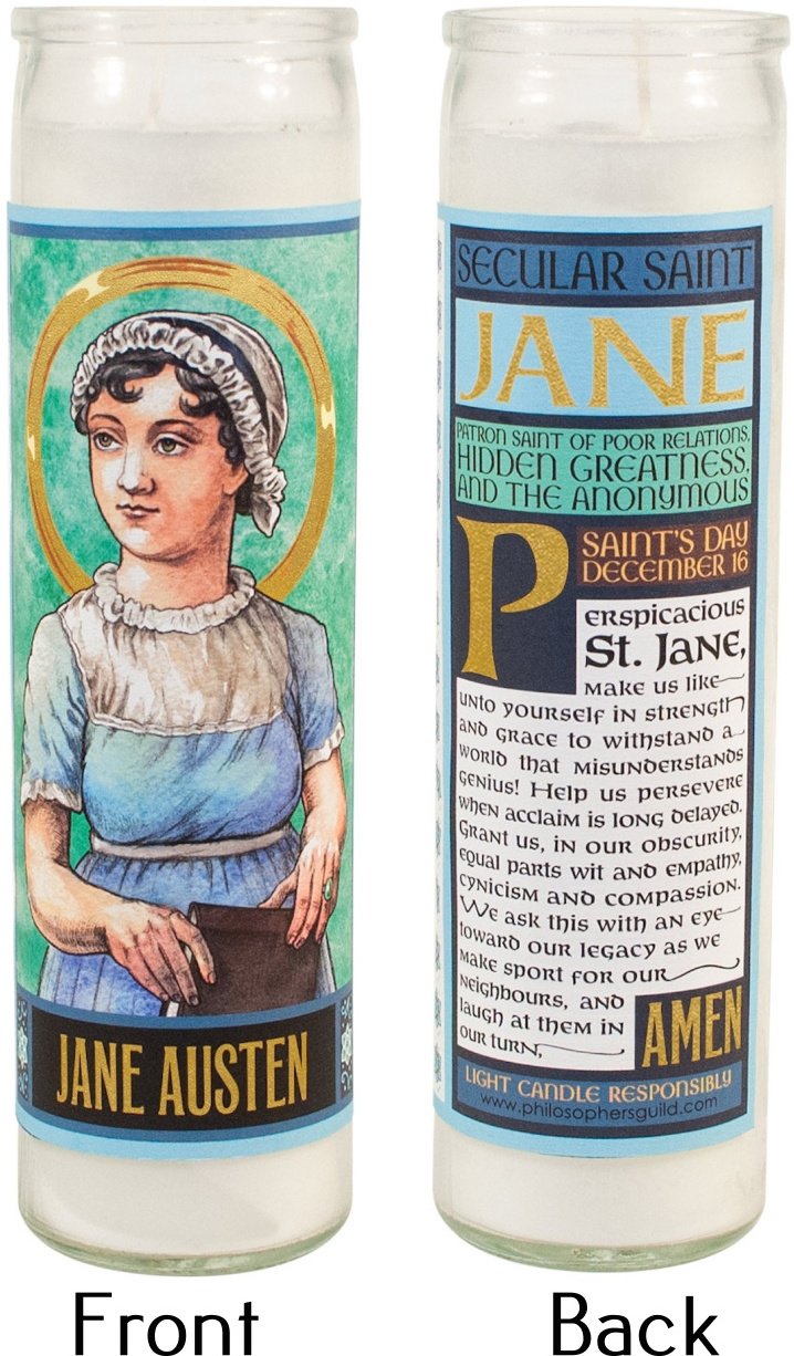 The Unemployed Philosophers Guild Jane Austen Secular Saint Candle - Unscented 8 Inch Tall Glass Prayer Votive, Made in The USA, Vegetarian Wax