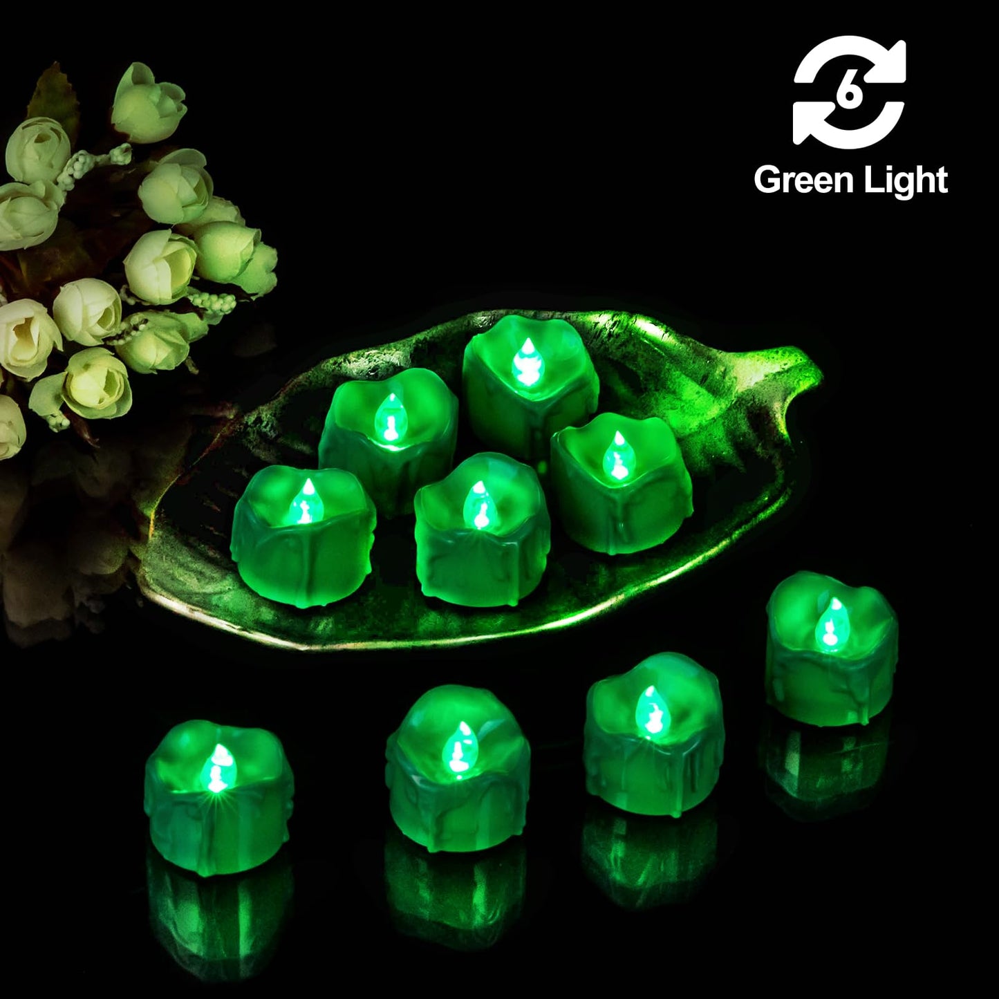 Windshell Green Flickering Flame Tealight Candles with Auto 6H Timer (No Remote), Battery Operated LED Flameless Tea Lights with Melting Design, for St Patrick Halloween Christmas, 12 Pack
