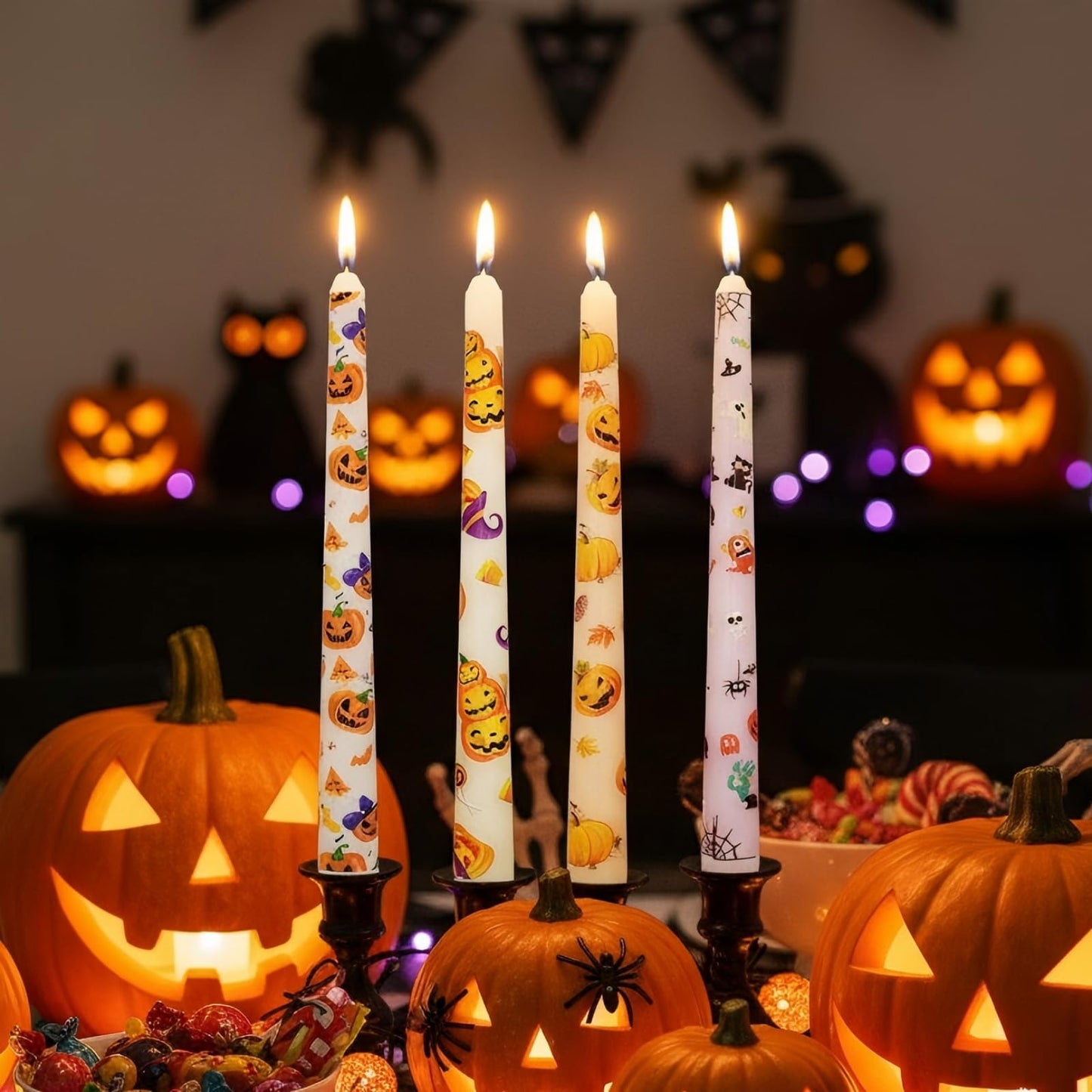 FYBW 10-Inch Halloween Taper Candle Set of 4,Pumpkin Skeleton & Bat Prints, Spider Web Spooky Dinner Candles,Gift for Festive Halloween Day Decoration,White