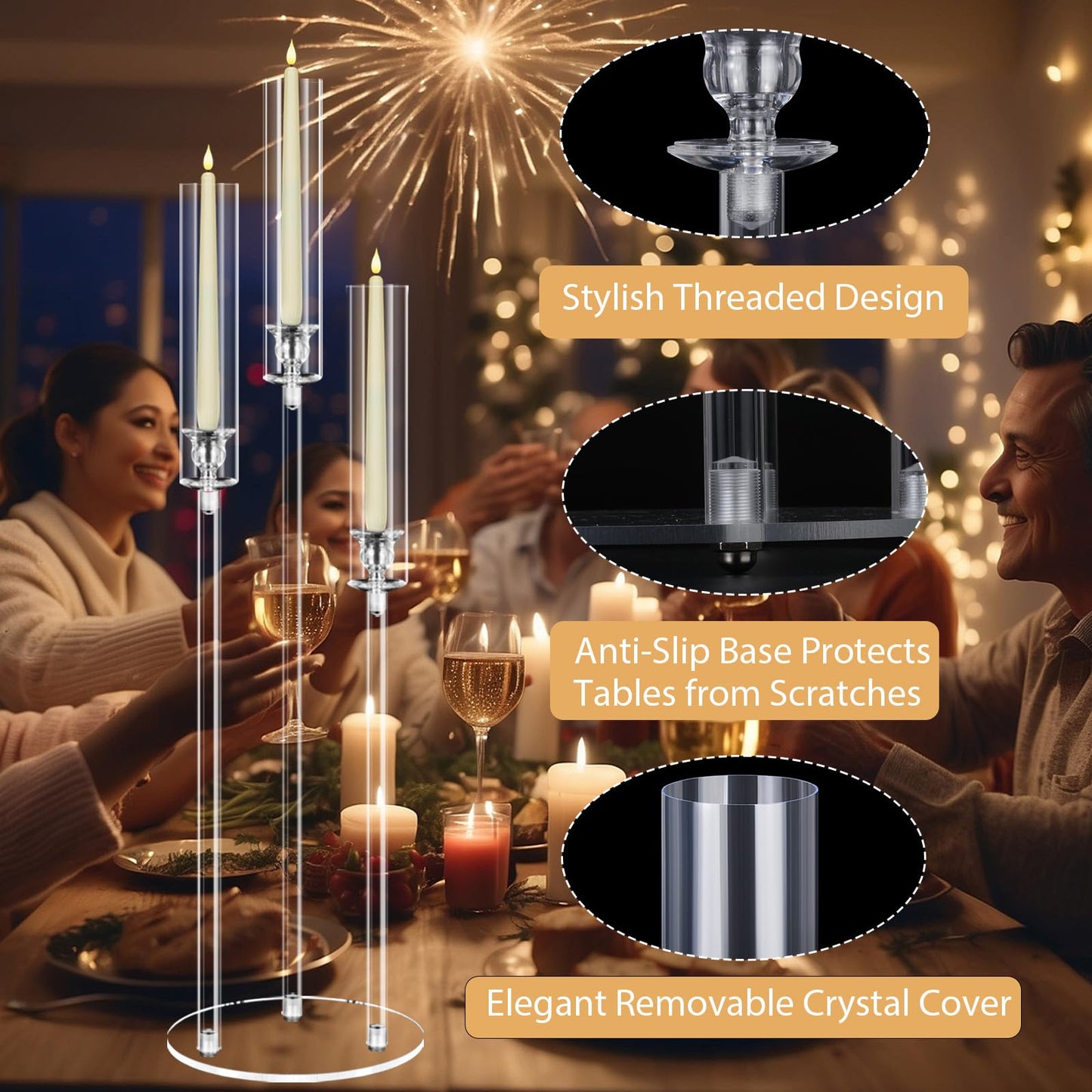 6 Set 3 Arms Acrylic Candelabras with Shades, 42" Floor Candelabra Centerpieces for Wedding Decorations,Clear Candle Holder for Table Decoration,Dinner Party,Candlesticks Holder Fits 0.87“LED Candle