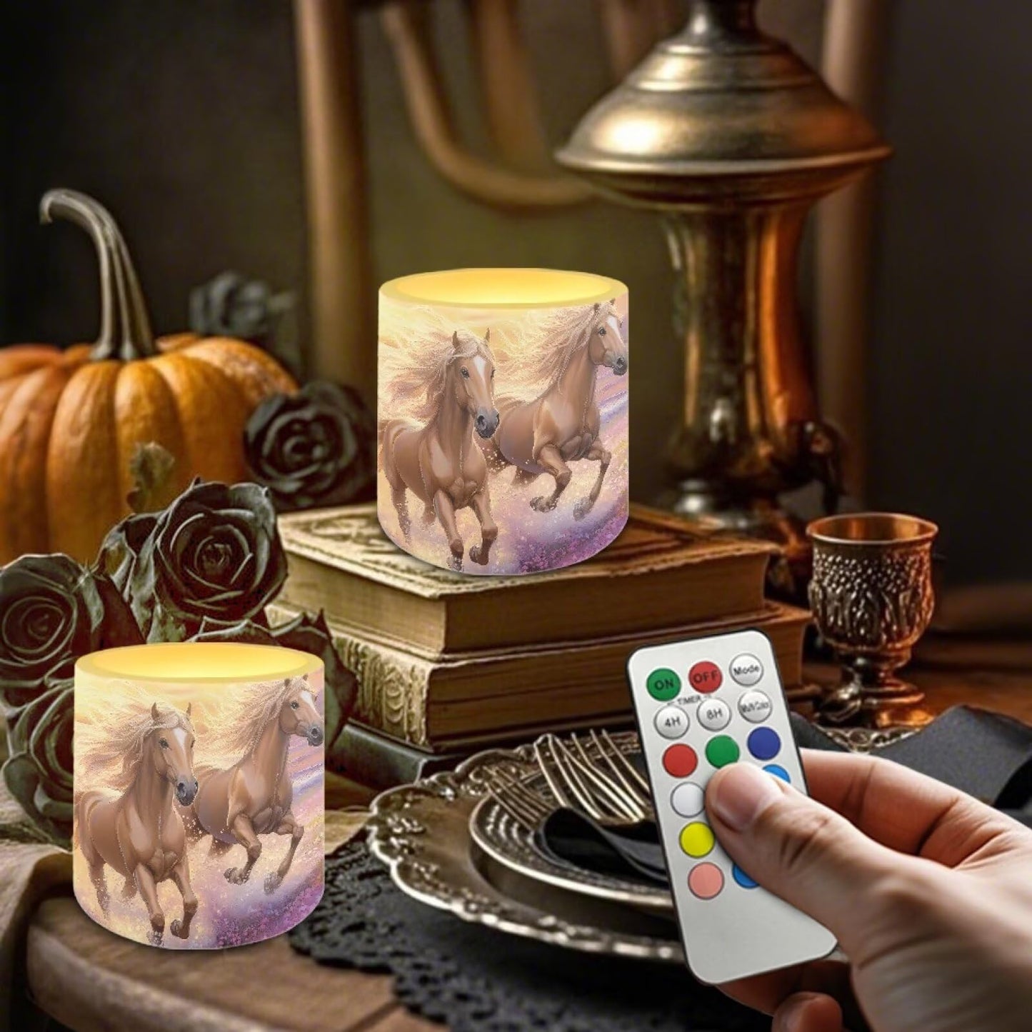 NETILGEN Running Horse Print Flickering Flameless LED Candles Pack of 4 Color Changing Battery Operated LED Pillar Candles with Remote Timer Control