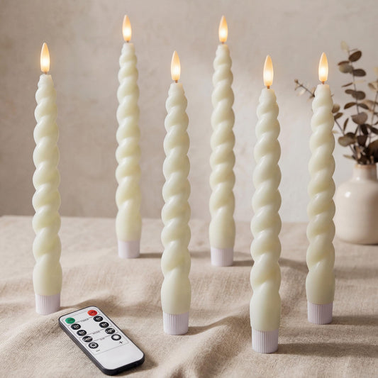 West Ivory Full Twisted Spiral Flameless LED Taper Candles – Ivory, Set of 6 – 2/4/6/8-Hr Timer (24-Hr Memory), Remote, Dimmable, Bottom On/Off Button, Flicker/Steady, Battery Operated