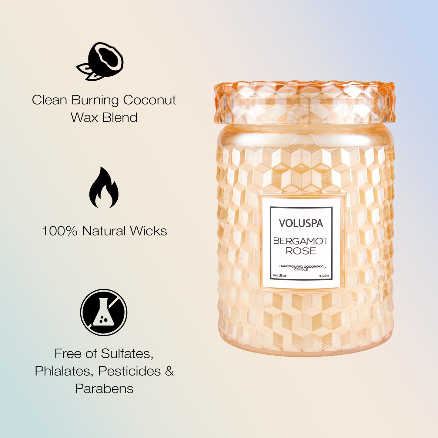 Voluspa Bergamot Rose, Large Candle Jar, 18 oz, 100 Hour Burn Time, Coconut Wax for Clean Burning, Handcrafted in the USA