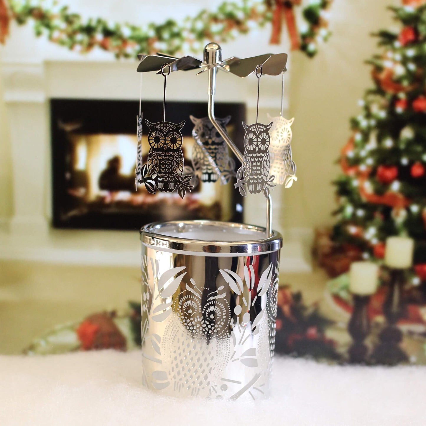 iLajao Candle Carousel Rotary Candle Holder Christmas Carousel Spinning Tealight Candleholder Christmas Decoration Centerpieces for Tables Valentine Easter (Owl)