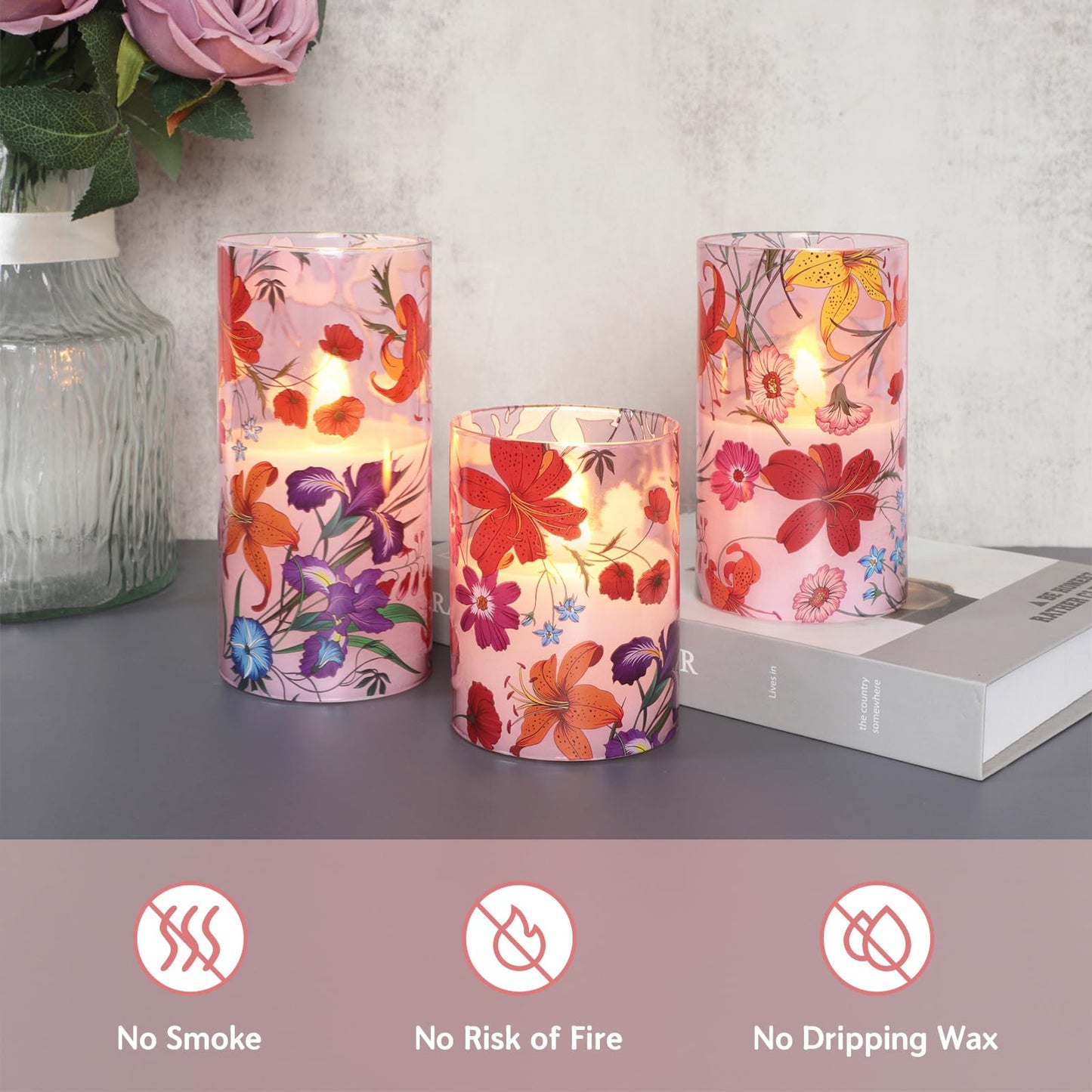 Impress Life Floral Flameless Candles with Remote, 3PCS Battery Operated LED Pillar Candles, Flickering Real Wax Glass Candles for Spring Decor Home Wedding Table Centerpiece Gift