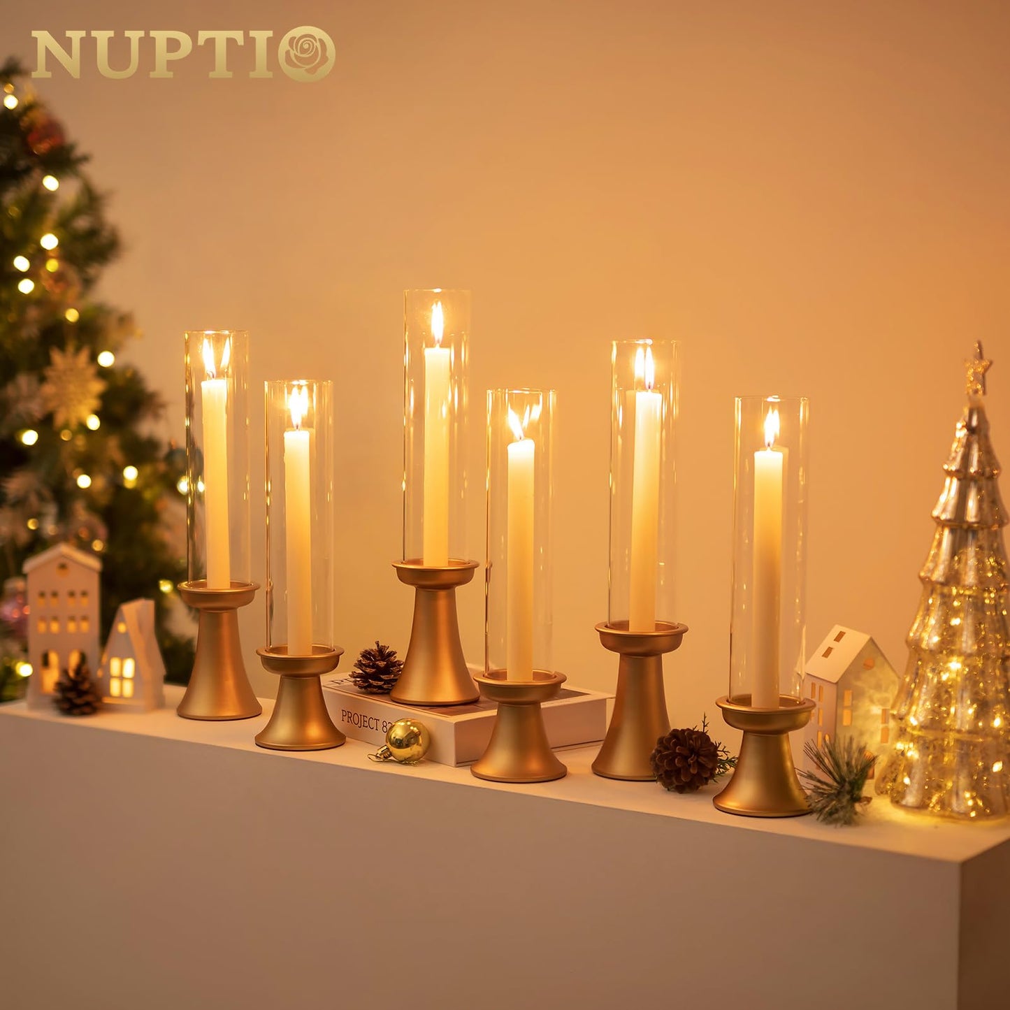 NUPTIO Gold Candlestick Holder for Centerpiece: Set of 6 Hurricane Taper Candle Holders with Glass Cylinder Sleeve - Bulk Brass Candles Stand for Thanksgiving Christmas Holiday Party Decor