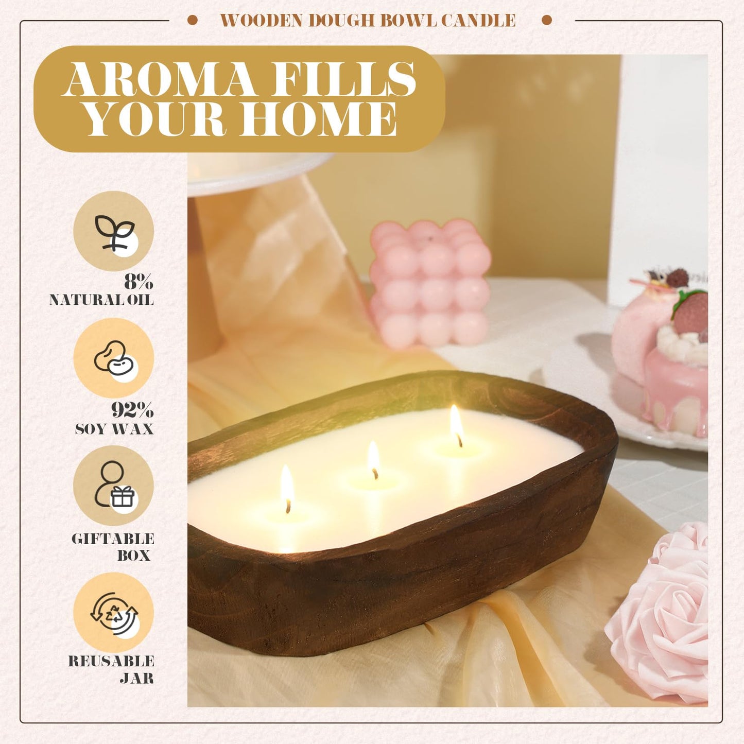 Threlaco 2 Pack Wood Dough Bowl Candle Jar Candle Decorative with Wick Scented Candles Soy Gifts for Men Women Farmhouse Table Centerpiece Home(Caramel)