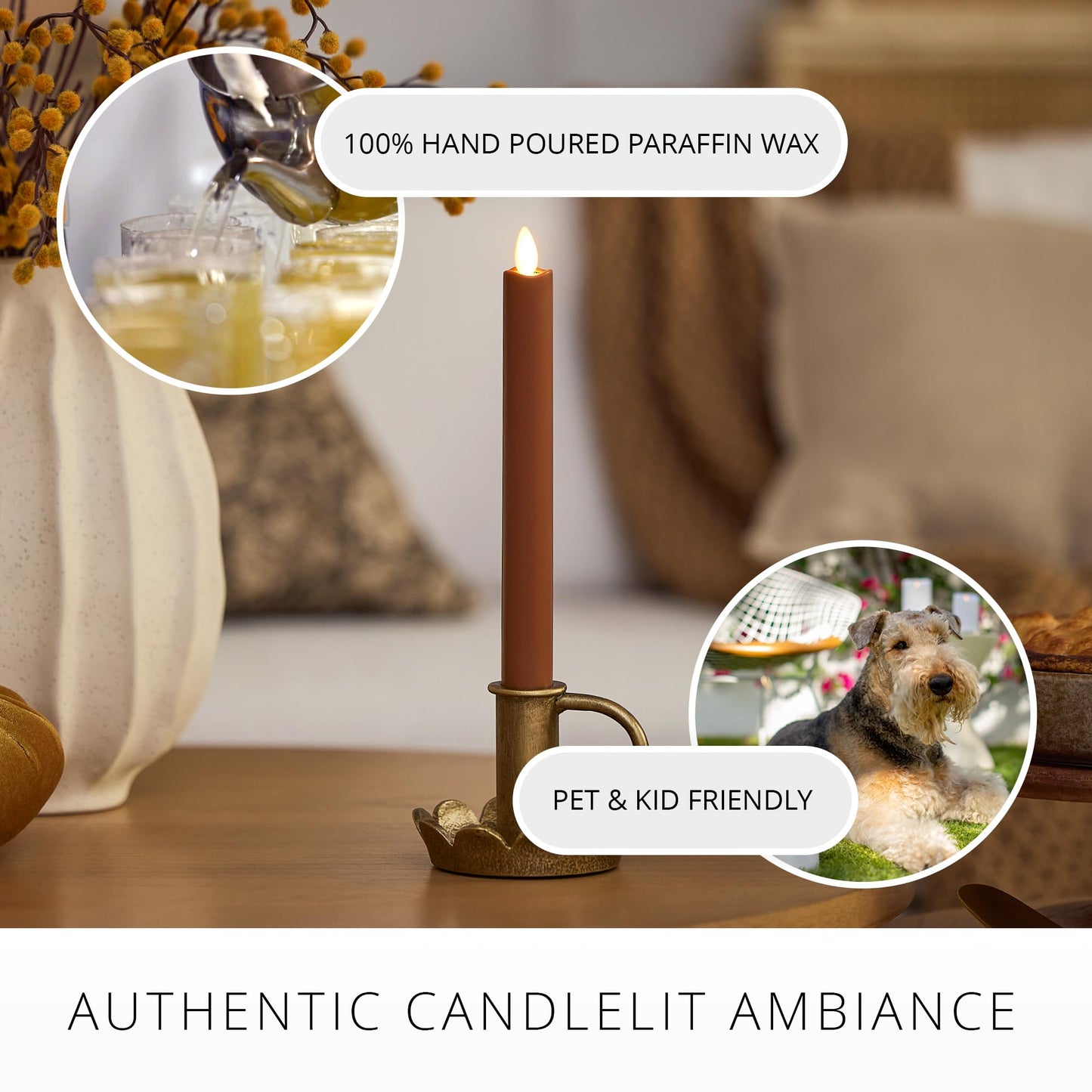 Luminara Flameless Candle Taper (1" x 9.5") Melted Top Real Wax Unscented Remote Ready Timer (Caramel Café)