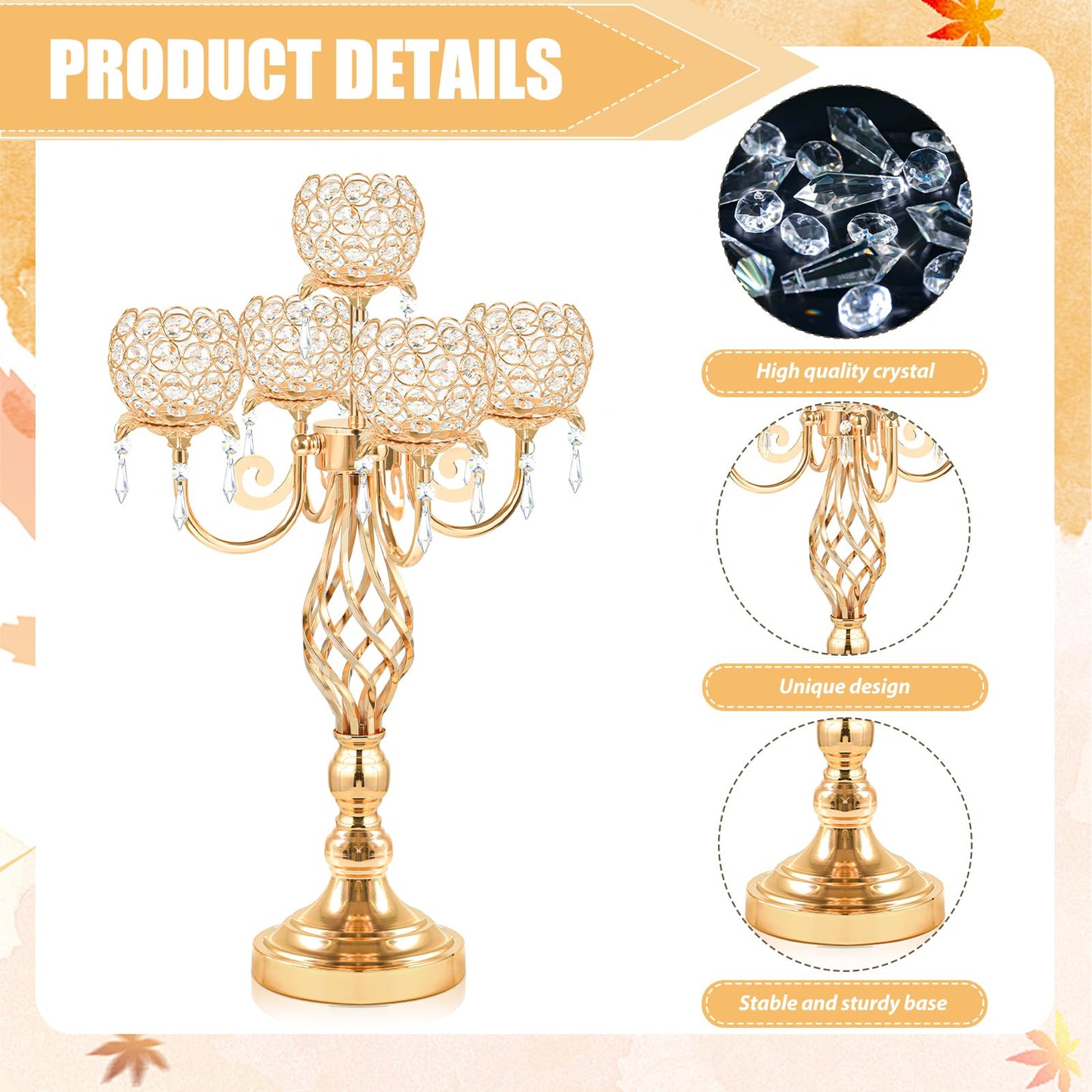 Kehail 5-Arm Crystal Candelabra Centerpiece 23.2" Tall - Elegant Candle Holder Stand with Crystal Bowl, Chic Table Decor for Weddings, Parties, Anniversary & Home Decoration (4, Gold)