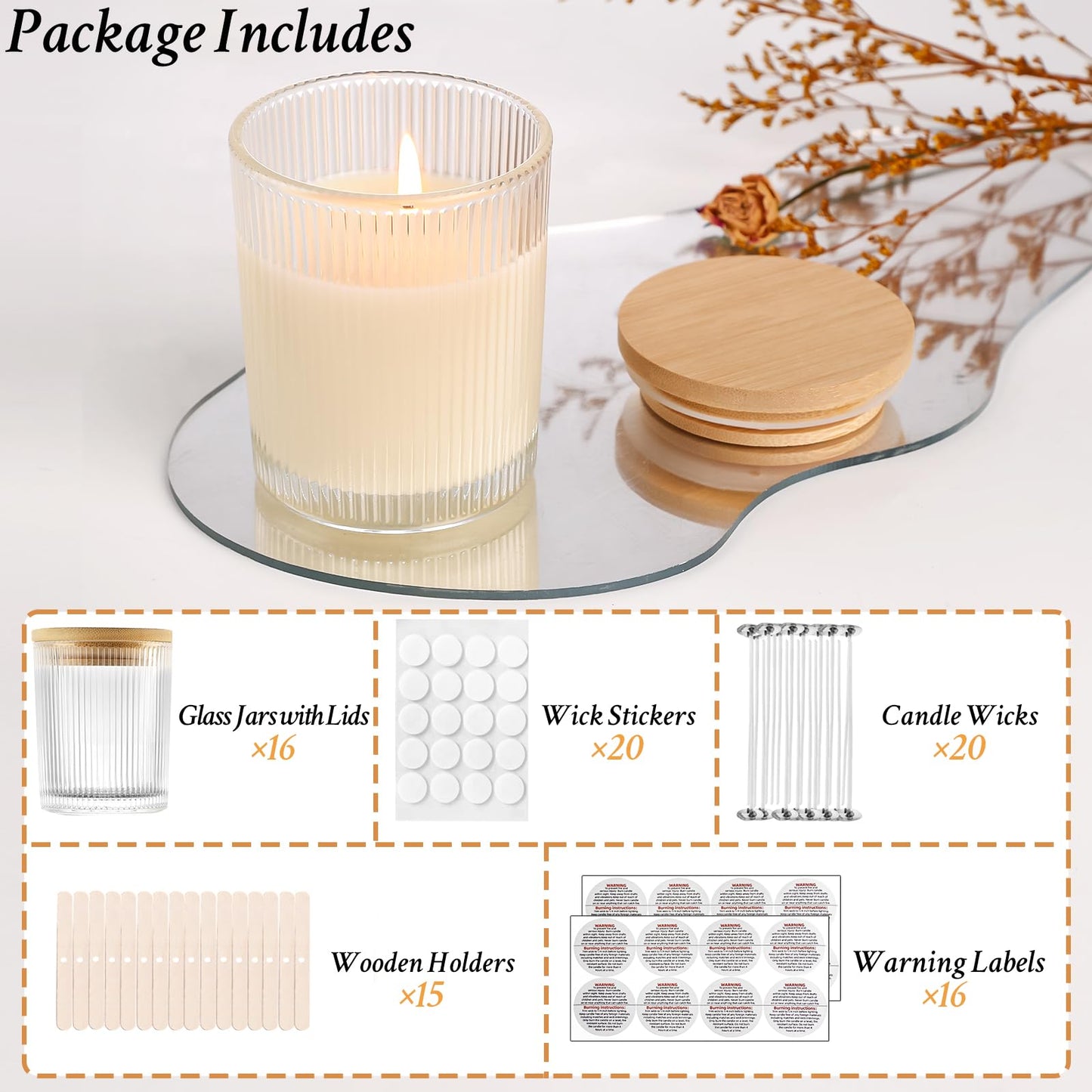 CONNOO 16 Pack 7 OZ Thick Ribbed Glass Candle Jars for Making Candles with Airtight Bamboo Lids, Wicks & Stickers, for DIY Candle Making, Bulk Orders, Gifts & Home Décor, Clear