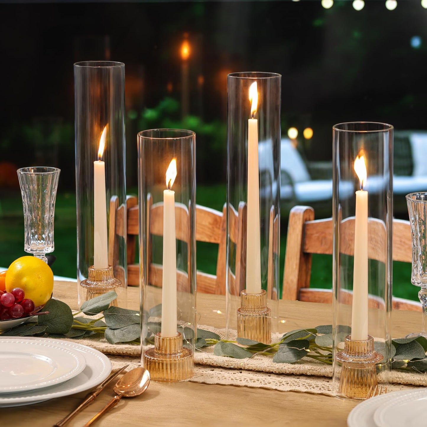 NITIME 9 Set Hurricane Glass Candle Holders for Table Centerpieces, Gold Candlestick Holders with Windproof Cylinder Covers(11.8"/12.6"/13.8" H), Taper Candle Holders for Wedding, Party and Home Decor
