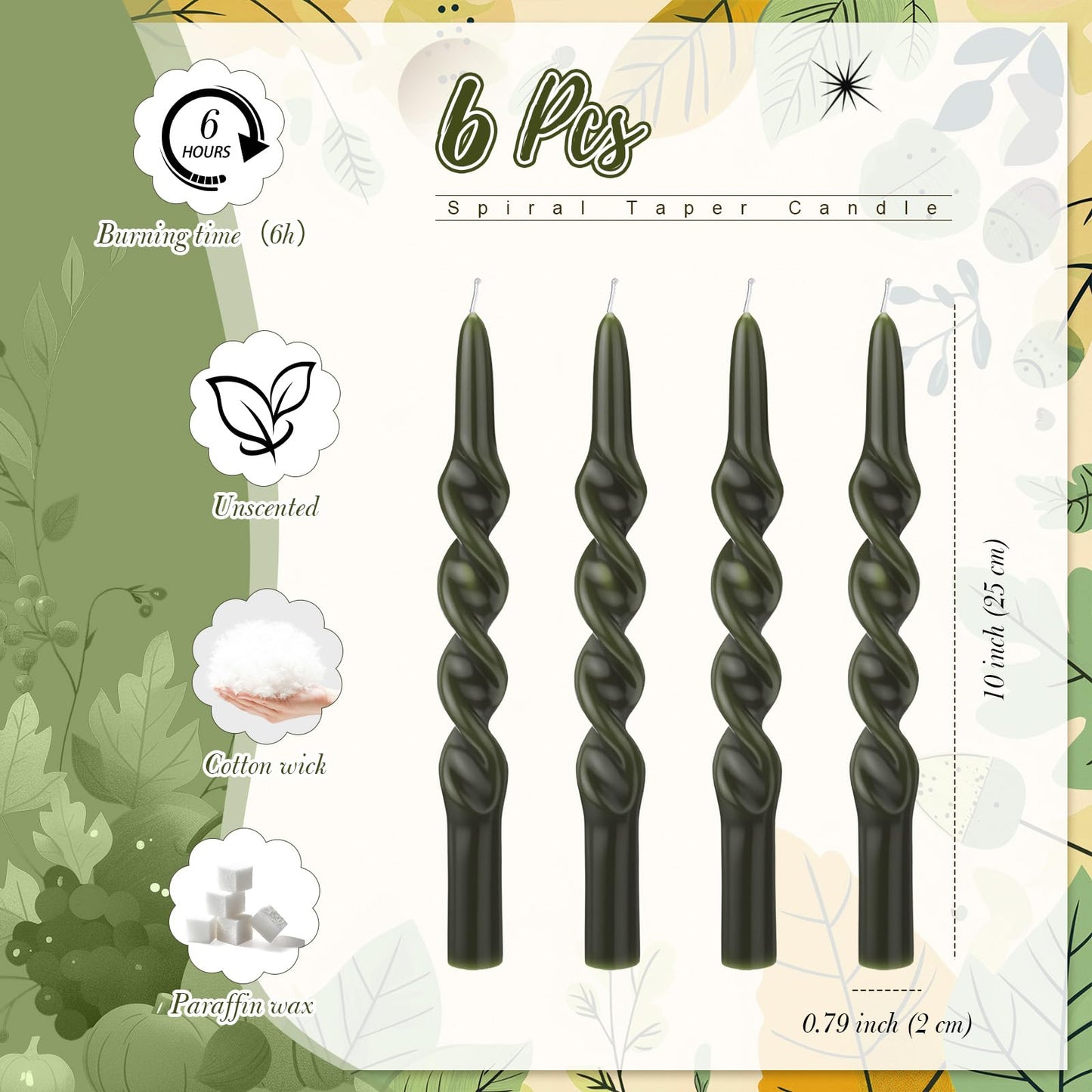 Zhengmy 4 Pcs Spiral Taper Candles, 10" Long Twisted Wax Candlesticks for Spring, Wedding, Birthday, Baby Shower, Anniversary, Holiday Party Home Table Decor(Green)