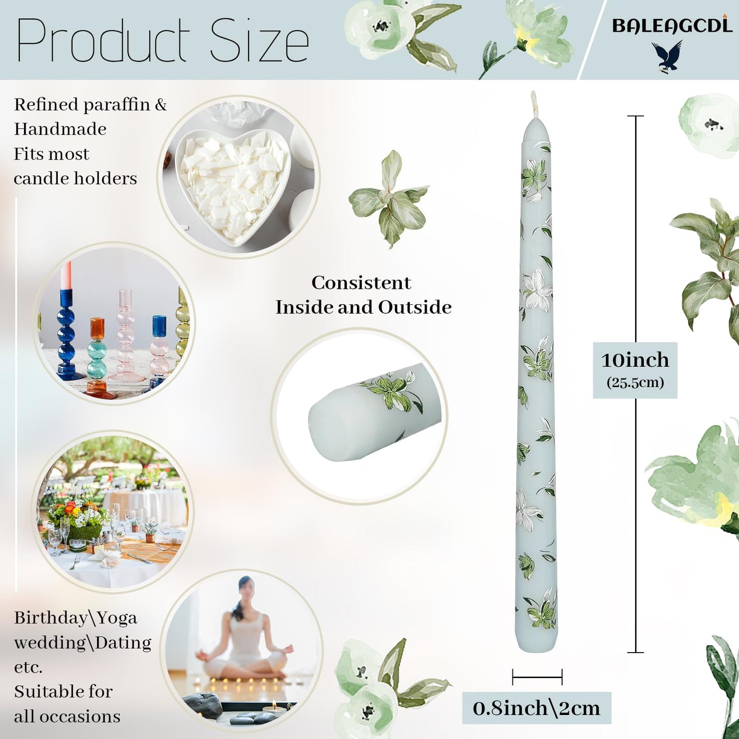 Printed Taper Candle - Baleagcdl Baby Blue with White Floral Candlesticks Handmade Long Tapered Candles 10 Inch Drip for Home Holiday Decor Gifts - Set of 2