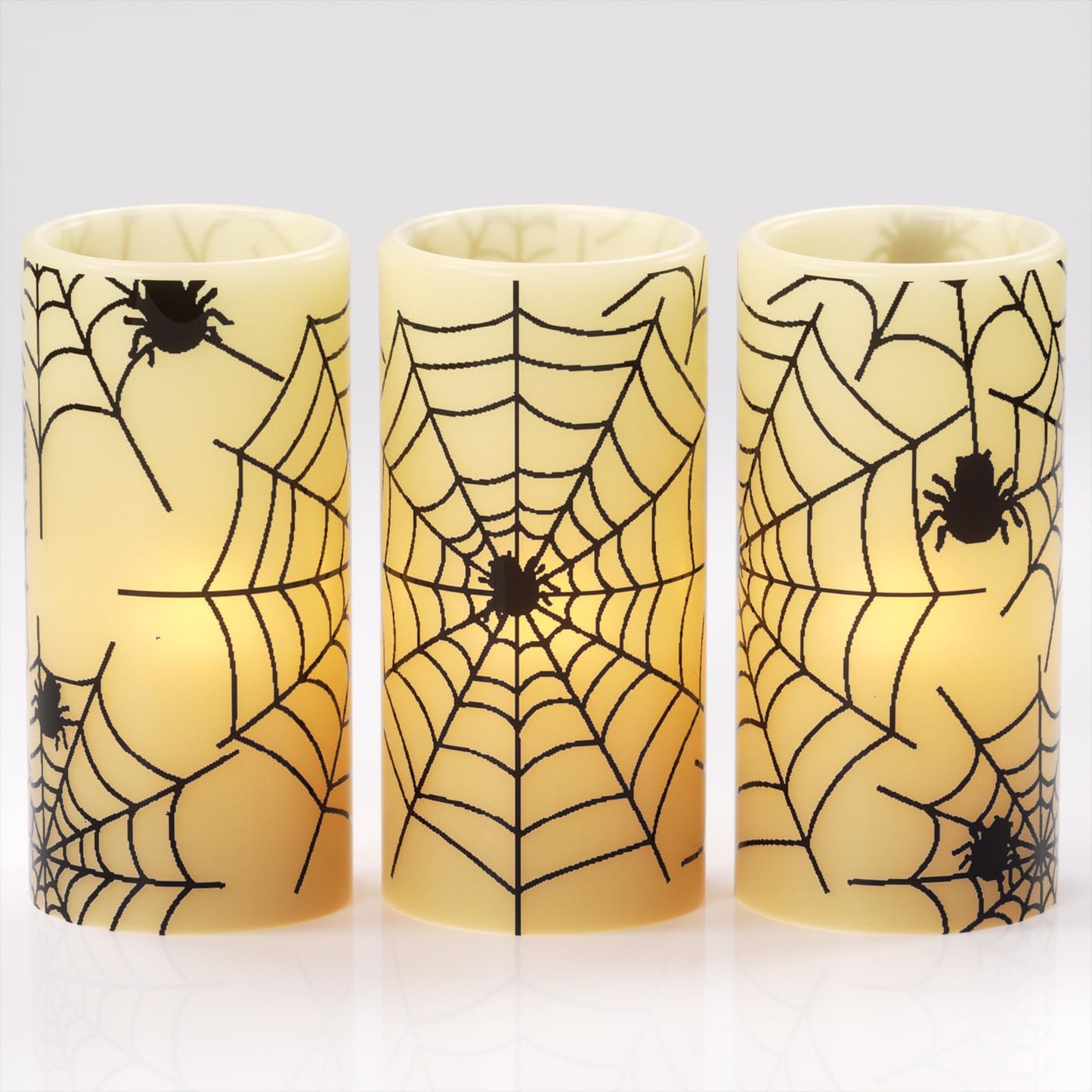 Eldnacele Halloween Flameless Candles with Timer,Battery Operated Spider Cobweb Decal Flickering Candles Real Wax LED Pillar Candle Set of 3 for Holiday Indoor Home Spooky Decor(3×6 Inches)